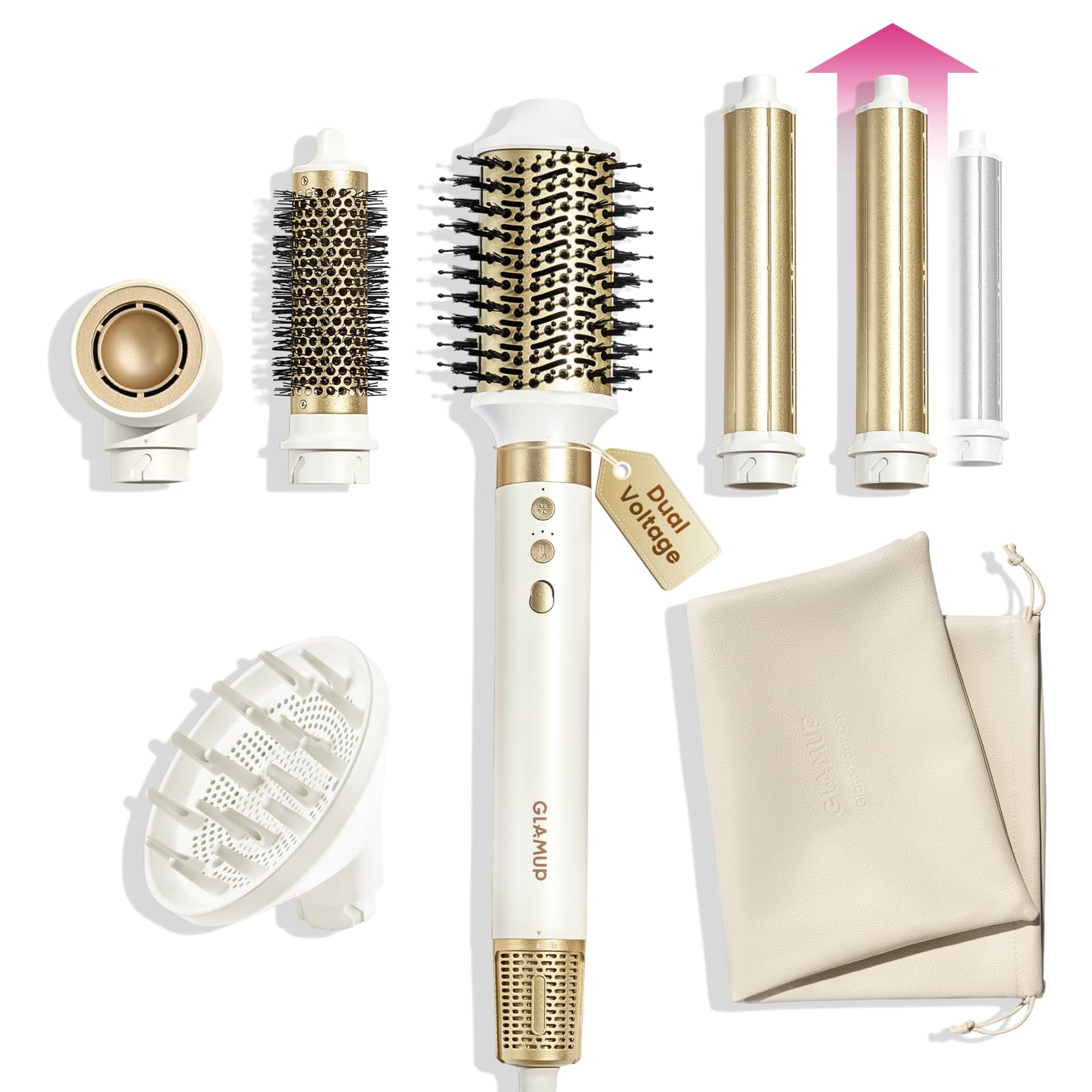 GLAMUP® Dual Voltage 6 in 1 Hot Air Styler, Upgraded Long Barrel, Diffuser, Round Brush, Powerful High Speed Dryer, Tight Grip, Curling Volumizing Gift Set with Bag, Travel Friendly