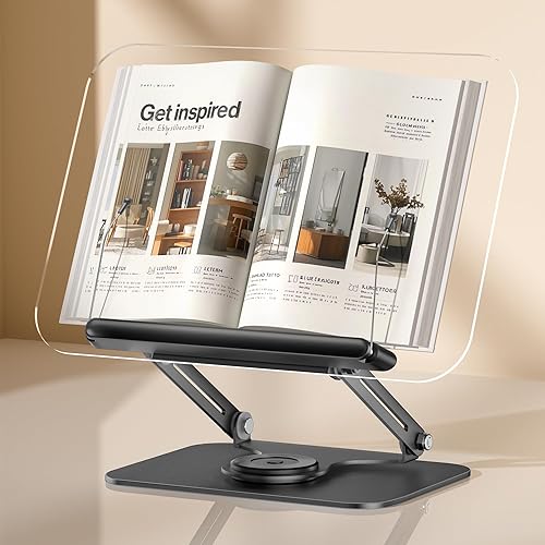 Miniatura 13 de ASIEIT Soporte de acrílico para libros con almacenamiento, soporte ajustable para libros con bases giratorias de 360° y clips elásticos para