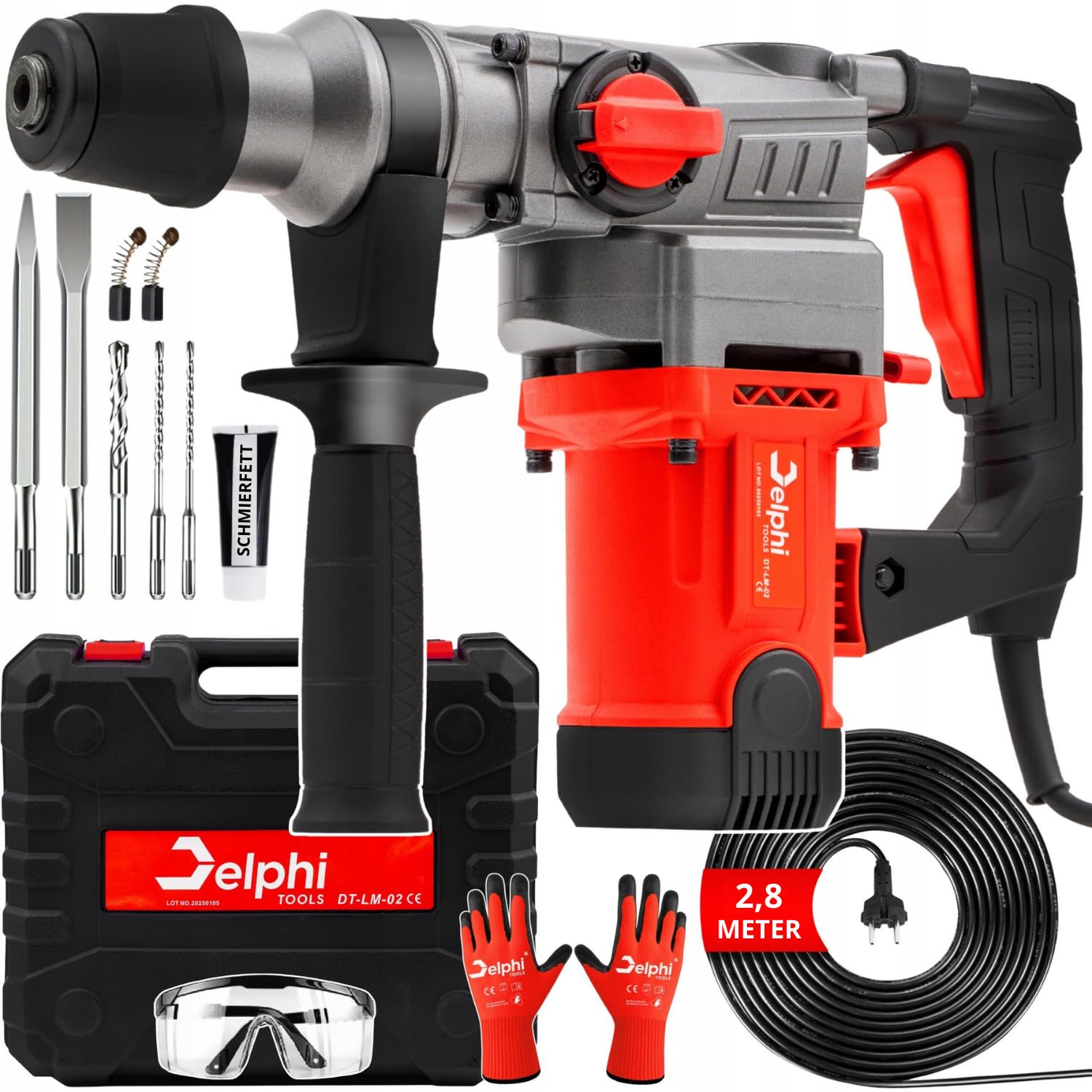 Martillo perforador Delphi SDS Plus de 2200W con 3 funciones, martillo demoledor, máquina perforadora, martillo cincel con maleta, cable de 2,8 m, energía de impacto de 4J, juego de accesorios de