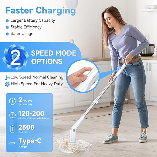 Miniatura 3 de Limpiador eléctrico giratorio, cepillo de limpieza inalámbrico con 8 cepillos limpiadores reemplazables, limpiador de ducha eléctrico con mango