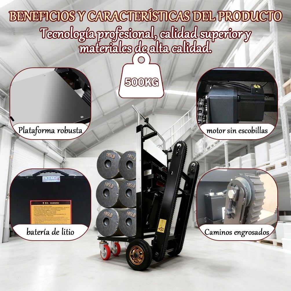 Carretilla Eléctrica para Escaleras 1100lbs/500kg Capacidad Motor 1500W Sin Escobillas Ideal Batería 48V/42A 6-8H Autonomía para Mudanzas Almacén Logística