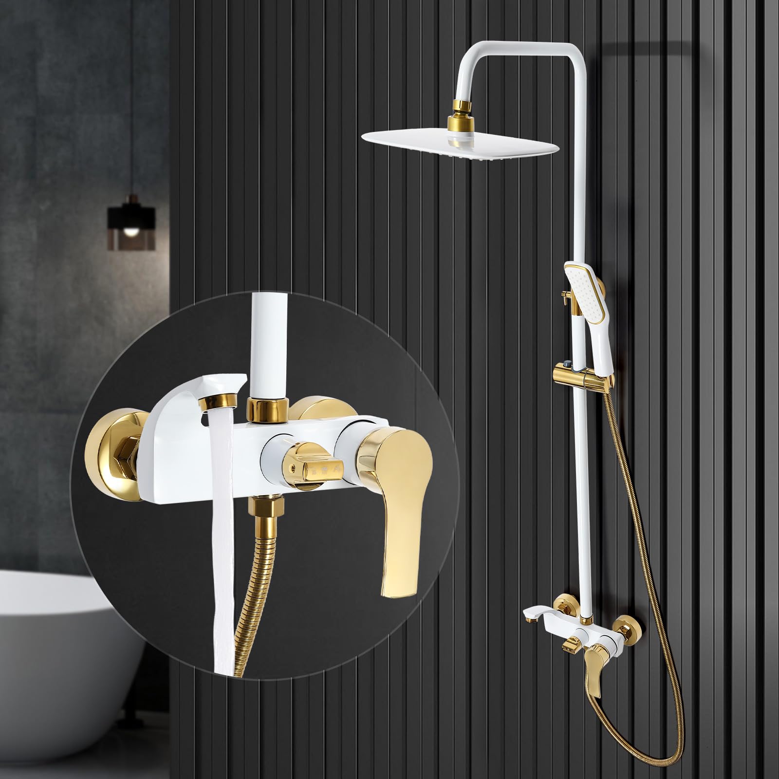 Ensemble de douche - Or blanc - Trois systèmes de douche muraux - Modes de sortie d'eau - Douchette à main réglable en hauteur - Pour l'intérieur des maisons, des hôtels
