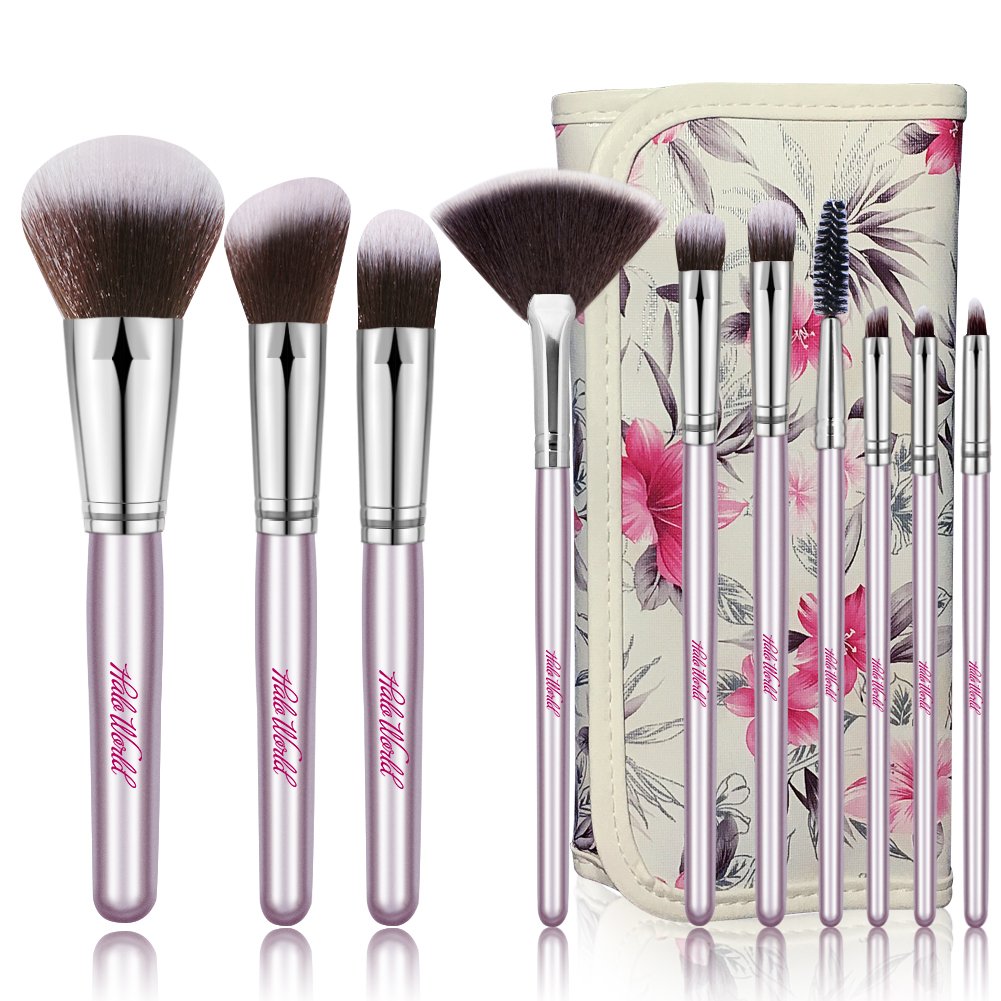 Premium 10 Piece Cruelty Free Makeup Brushes Foundation Blending Blush Face Eye Lip Fan Brushes Kit with PU Case (silver)