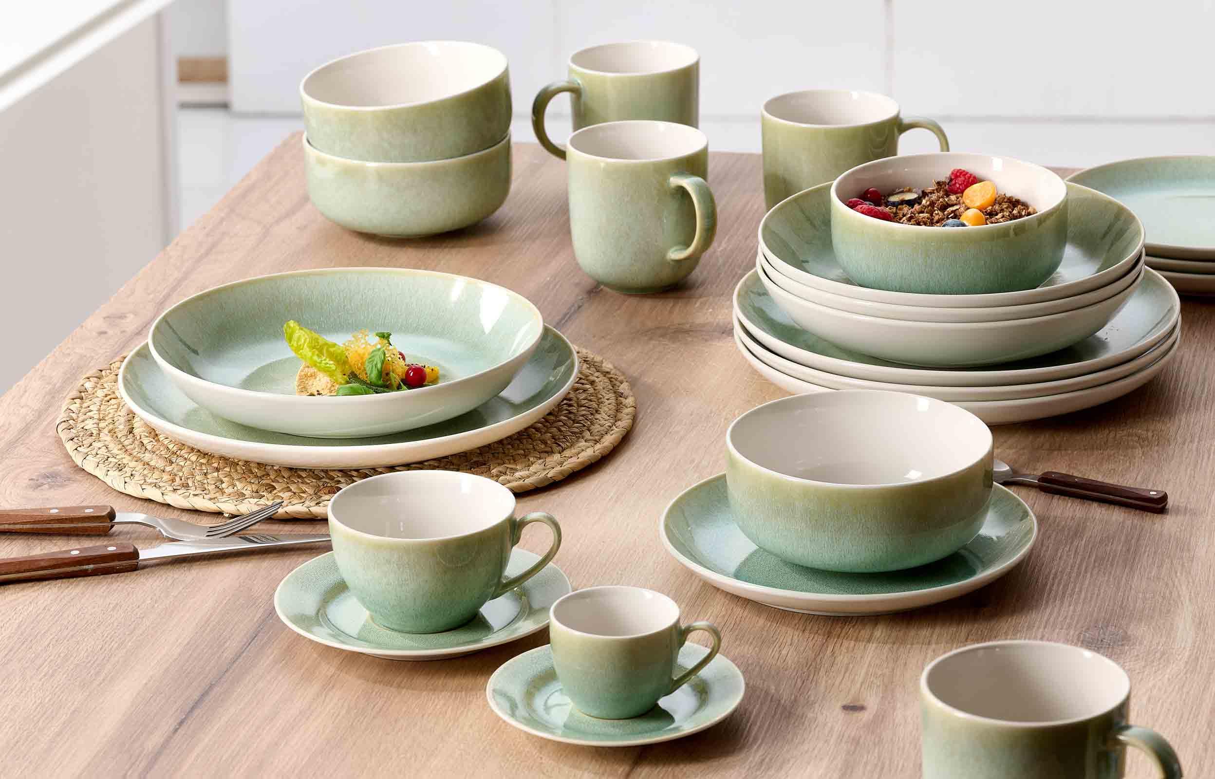 Ritzenhoff & Breker Borneo Kombi-Set 30-teilig | Kombiservice für 6 Personen | Teller, Schalen, Tassen und Untertassen mit Reaktivglasur | Steinzeug, Spülmaschinen- & Mikrowellenfest | Grün