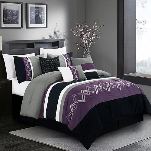 Chezmoi Collection Arden - Juego de edredón moderno de 7 piezas con diseño de rayas plisadas bordadas en zigzag (tamaño matrimonial, morado, negro,