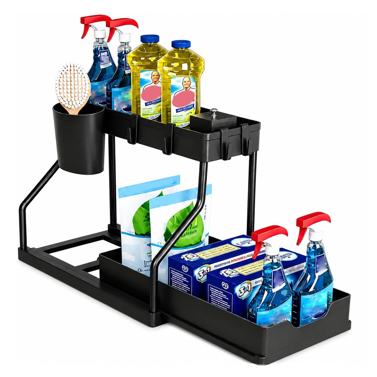 Unter Waschbecken Regal 2 Etagen, Ausziehbarer Organizer höhenverstellbar | R-Typ Design,Hohlgitterboden,5cm Schutzrand,Rostfrei,Werkzeuglos,Stahlrohrrahmen
