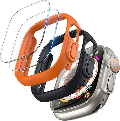TOCOL Paquete de 2 fundas para Apple Watch Ultra de 1.929in + 2 protectores de pantalla de vidrio templado para iWatch, 10 veces de grado militar a