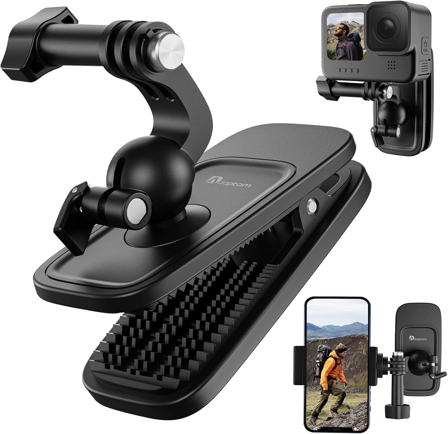 Adaptom 360° Swivel Backpack Clip Mount w Phone Holder, Bag Belt