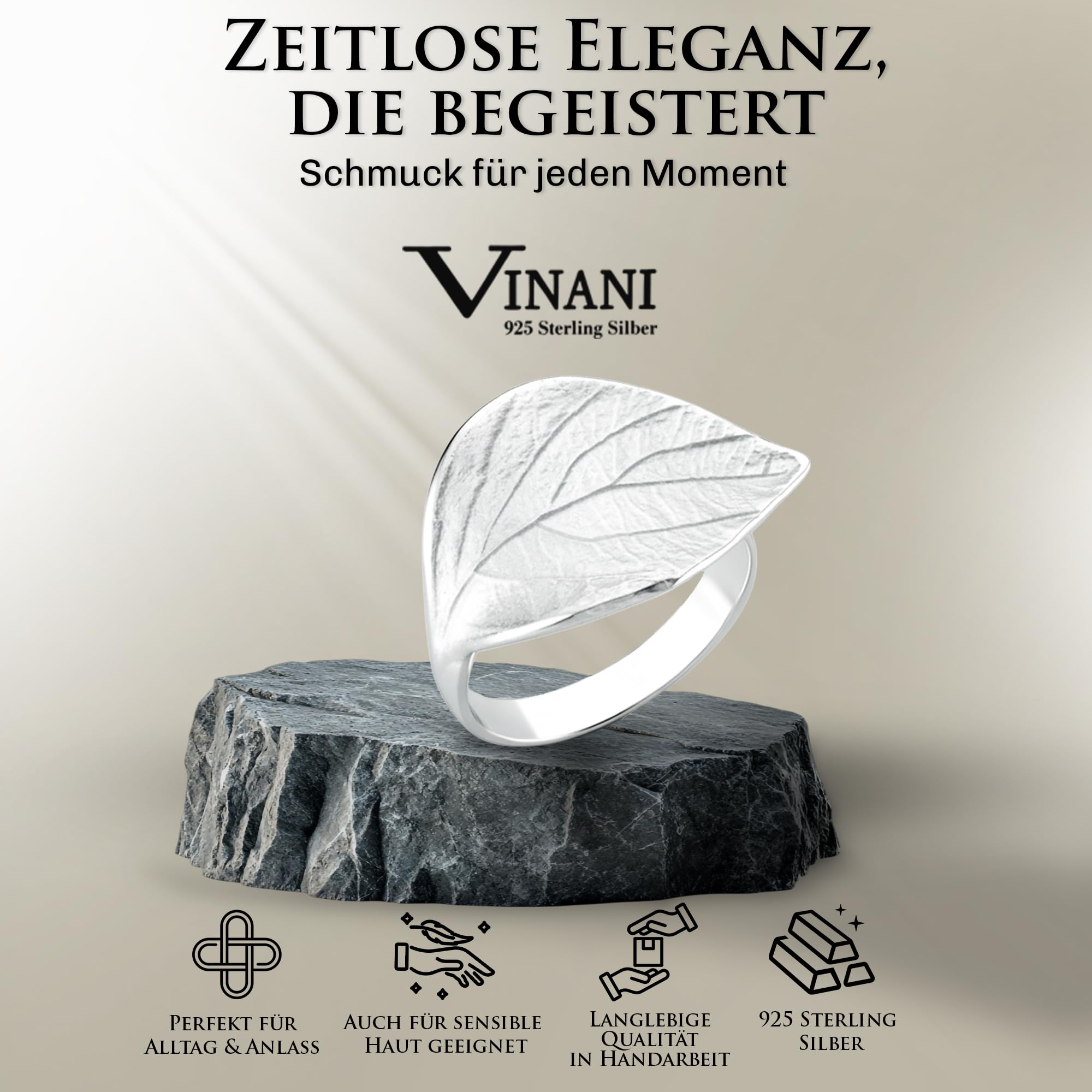 Vinani Damenring aus 925 Sterling Silber – Breiter Blatt-Ring, sandgestrahlt & glänzend, nickelfrei & antiallergisch, handgefertigter eleganter Silberschmuck, Geschenk für Frauen