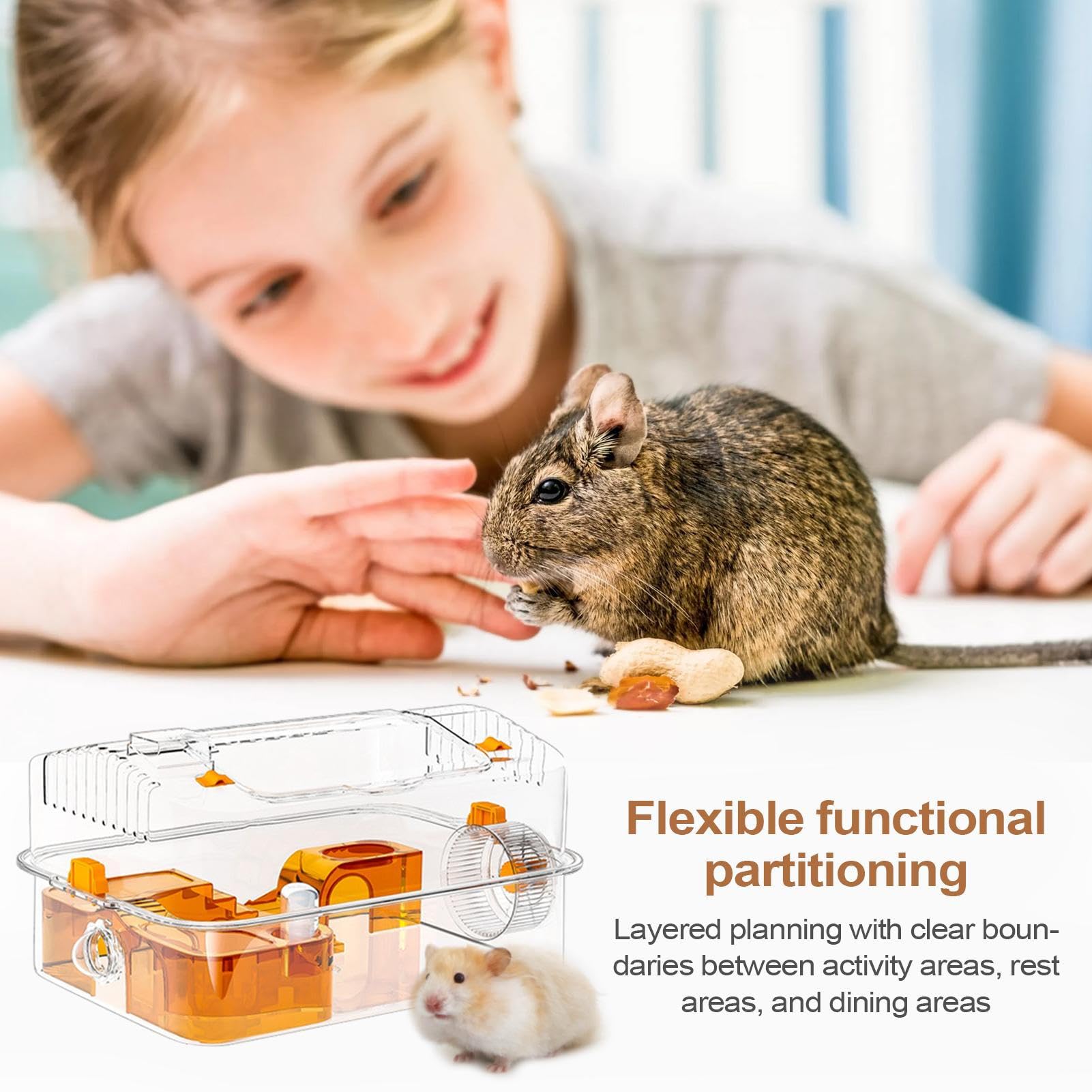 Gabbia Per Criceti | Gabbia per Piccoli Animali con Apertura Superiore - Ambiente Attività Trasparente Decorativo con Distributore e Ruota per Nascondigli, Gioco e Riposo per Cincillà