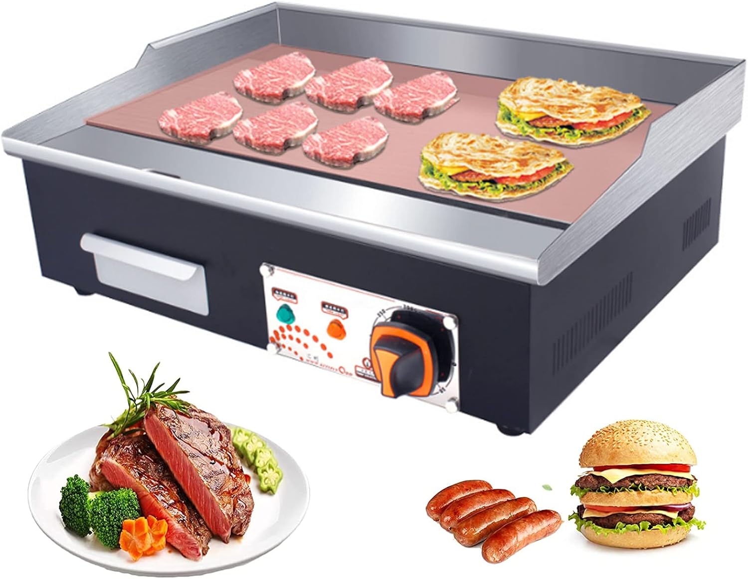 Plancha Eléctrica 3000 W Plancha de Asar de Acero Inoxidable 55 x 35 cm Antiadherente Parrilla Barbacoa Eléctrica 0-300℃ con Control Termostático Ajustable, para Restaurante Comercial Teppanyaki