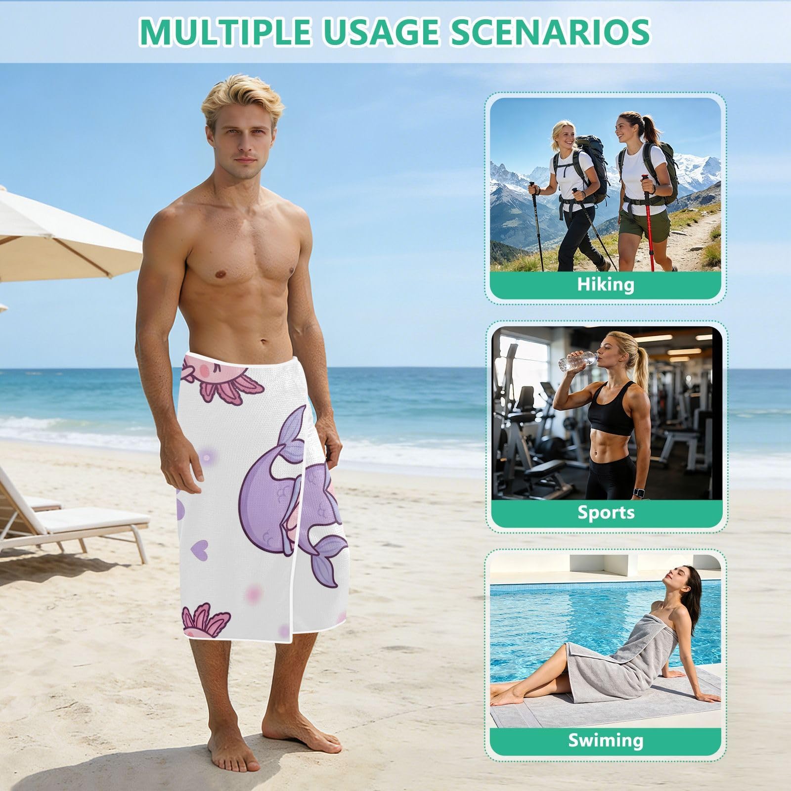 Grande serviette de plage avec sacs en maille pour adultes, serviette de bain avec fermeture magnétique, anti-sable, absorbante à séchage rapide, pour piscine, camping et voyage, 190 x 80 cm