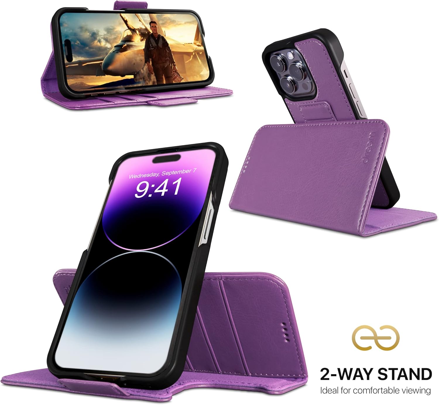 Dreem Fibonacci Wallet Case for iPhone 14 Pro Max | 2-in-1 Detachable Vegan Leather Cover with Built-in Kick-Stand, RFID Blocking Card Holder, MagSafe Compatible [Purple] - Image 3