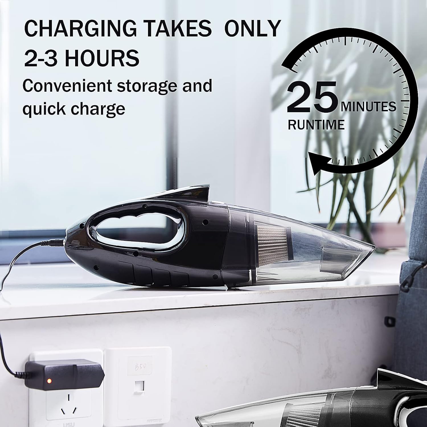 Tienily Handheld Cordless Vacuum Cleaner connected to a charger, indicating charging status.