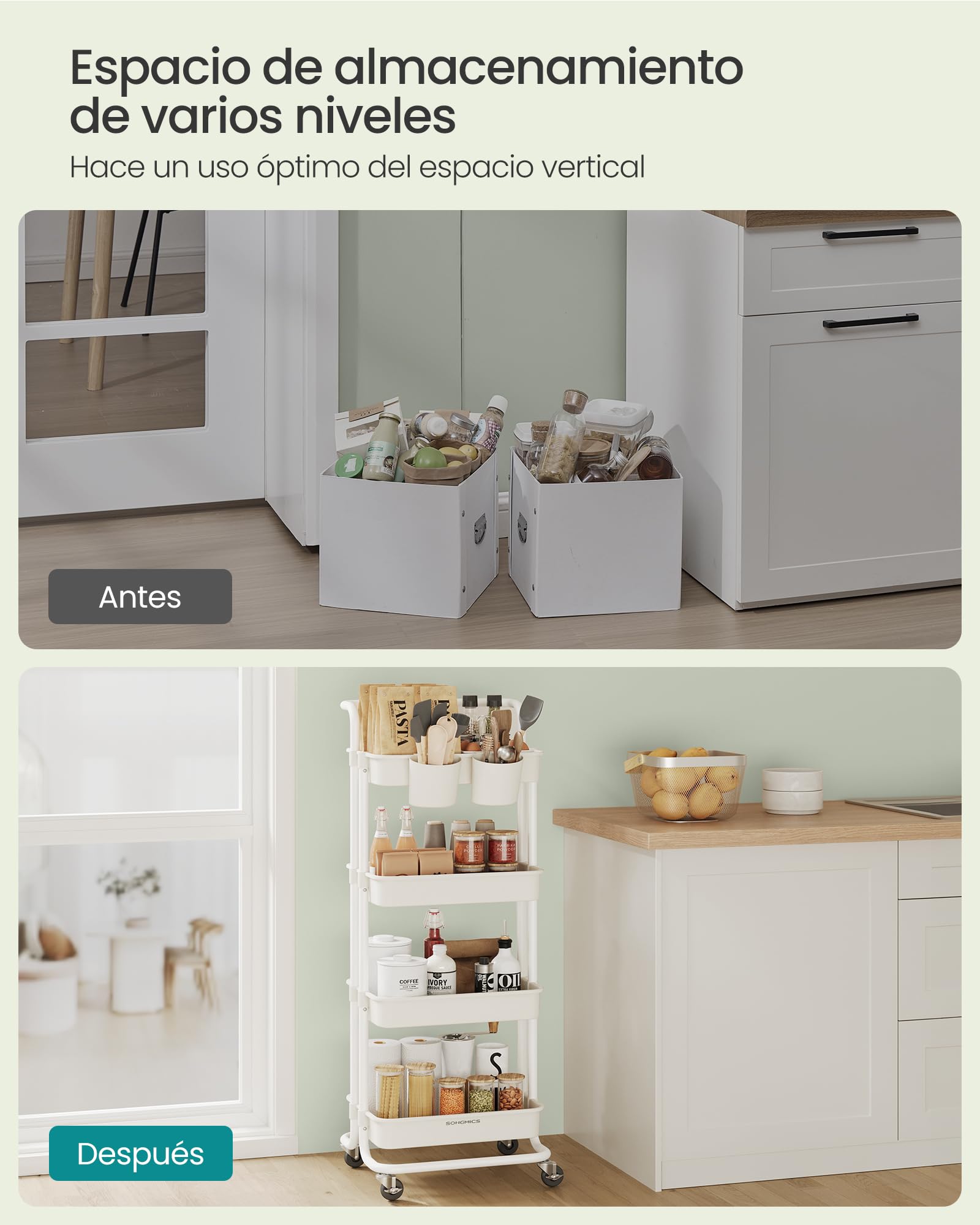SONGMICS Carro Rodante, Caritro de Almacenamiento de 4 Niveles, con Mango, 2 Organizadores Pequeños, Marco de Acero, Cestas de Plástico, para Dormitorio, Lavadero Baño, Blanco BSC077WZ01