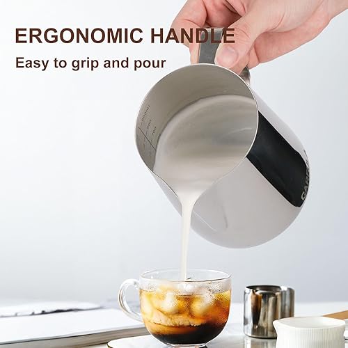 Miniatura 20 de Jarra de espuma de leche, jarra de espuma de leche de acero inoxidable de 12 onzas, jarra de vapor para barra de café, capuchino, accesorios para A1