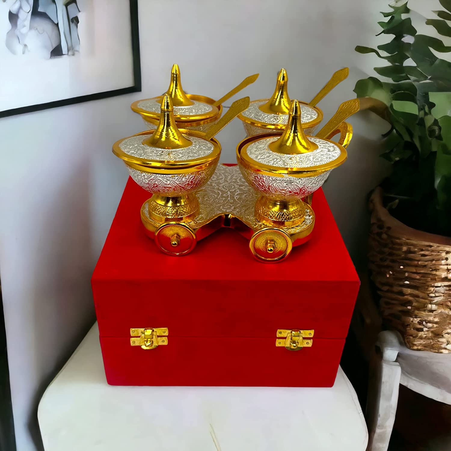 AC ANAND CRAFTS Table Trolley Set 4 Bowl Trolley l Size - 8" x 8" (Bowl - 3" Diameter) | Color Silver-Gold Plated Serving for Macaws, Nuts, Sweets