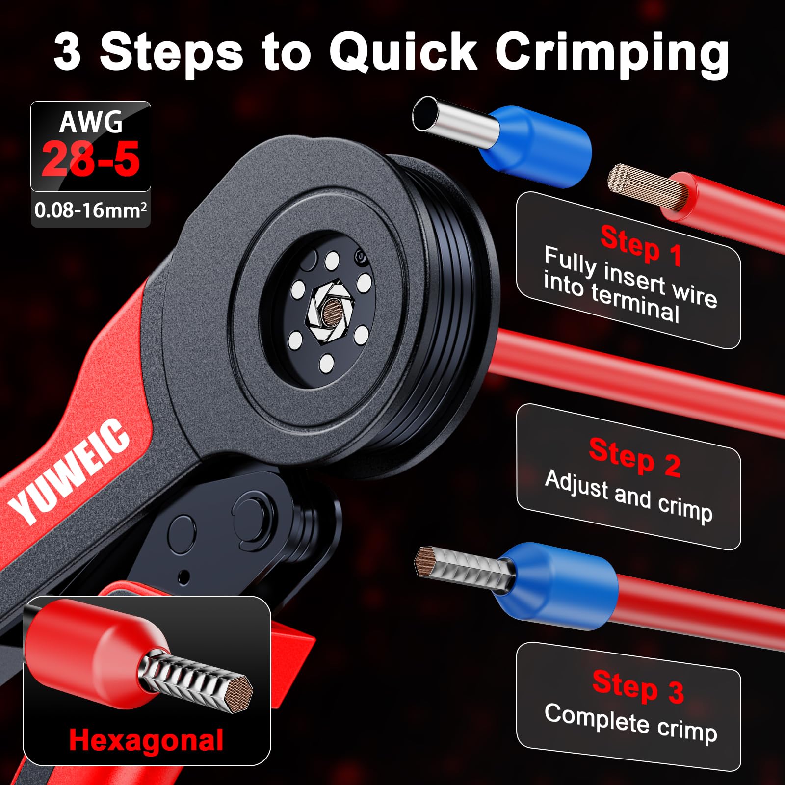 Kit di crimpatura con ghiera 0,08-16 mm² AWG 28-5, crimpatrice a cricchetto con 1400 puntali, set di crimpatura esagonale autoregolante, kit di crimpatura per terminali elettrici con custodia