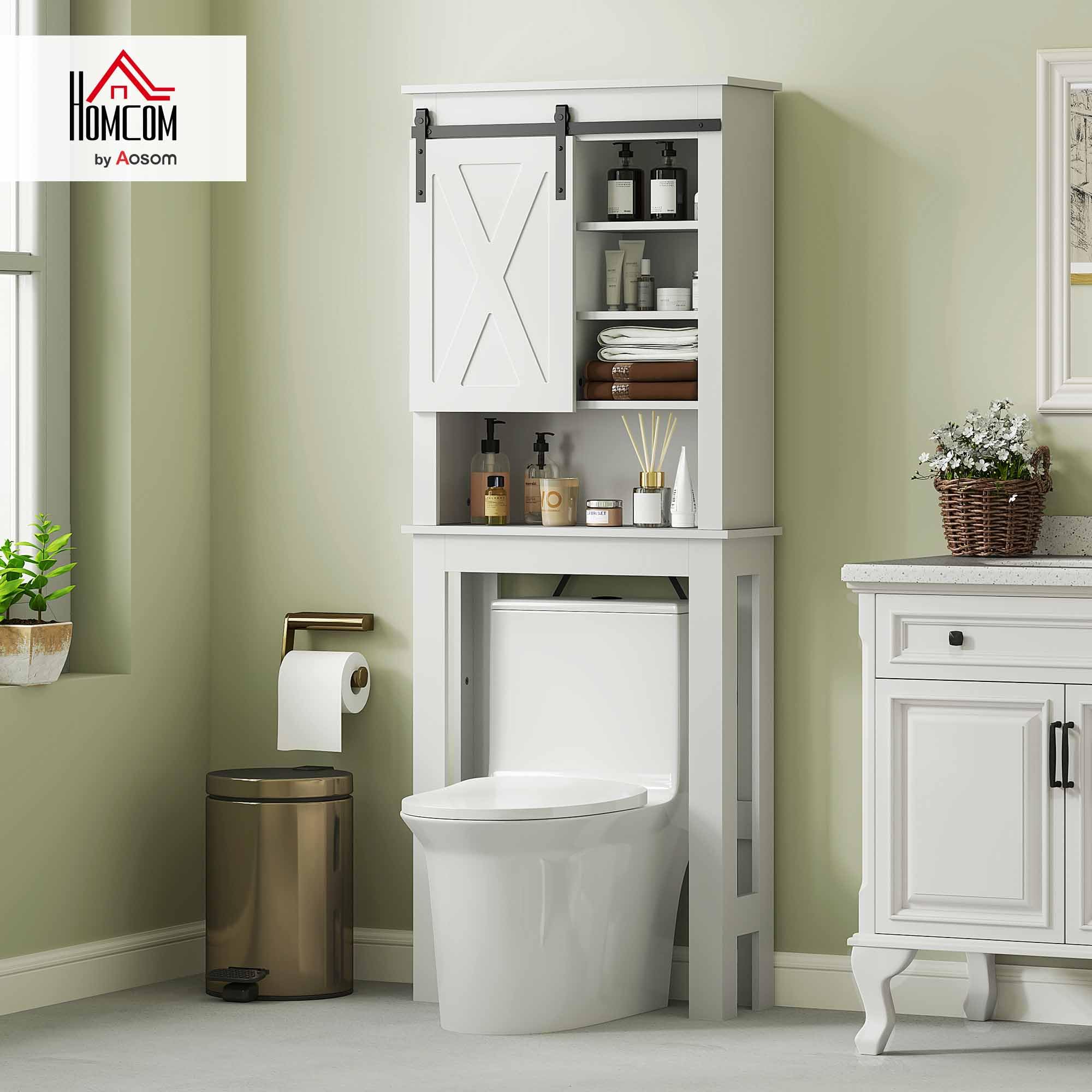 HOMCOM Mueble sobre Inodoro Armario sobre Inodoro con Puerta Corredera de Granero y 6 Compartimentos Mueble de Baño Rústico 67x25x172 cm Blanco