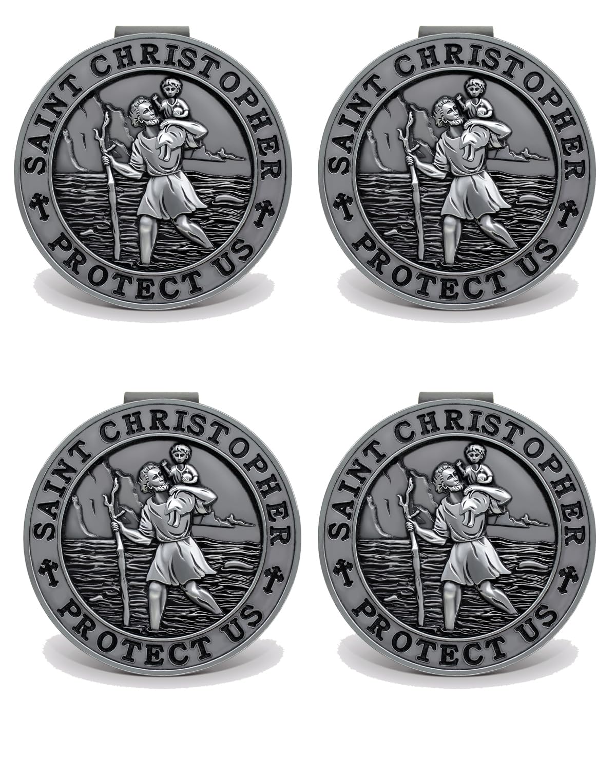 St. Christopher Medal for Car, 4 Pack Metal Saint Christopher Visor Clip, Talisman for Safety, Automotive Visor Accessories, Gift for Drivers, Families, Friends