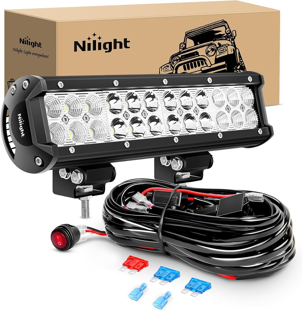 Nilight Barra de luz LED de 12 pulgadas, 72 W, combo de inundación puntual, luces antiniebla todoterreno, cápsulas LED de conducción con kit de arnés de cableado todoterreno de 16 AWG, 1 cable para camión, ATV, UTV, SUV, barco
