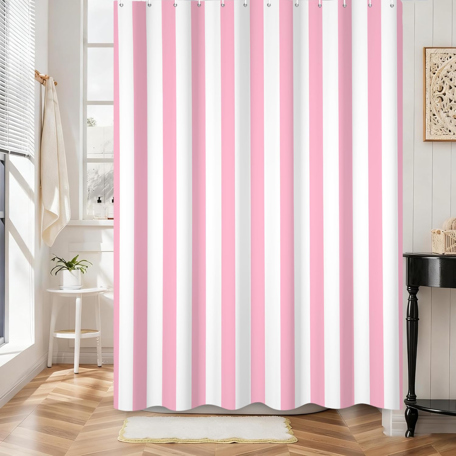Rideau de douche 150x180 rose et blanc à rayures verticales en tissu lavable