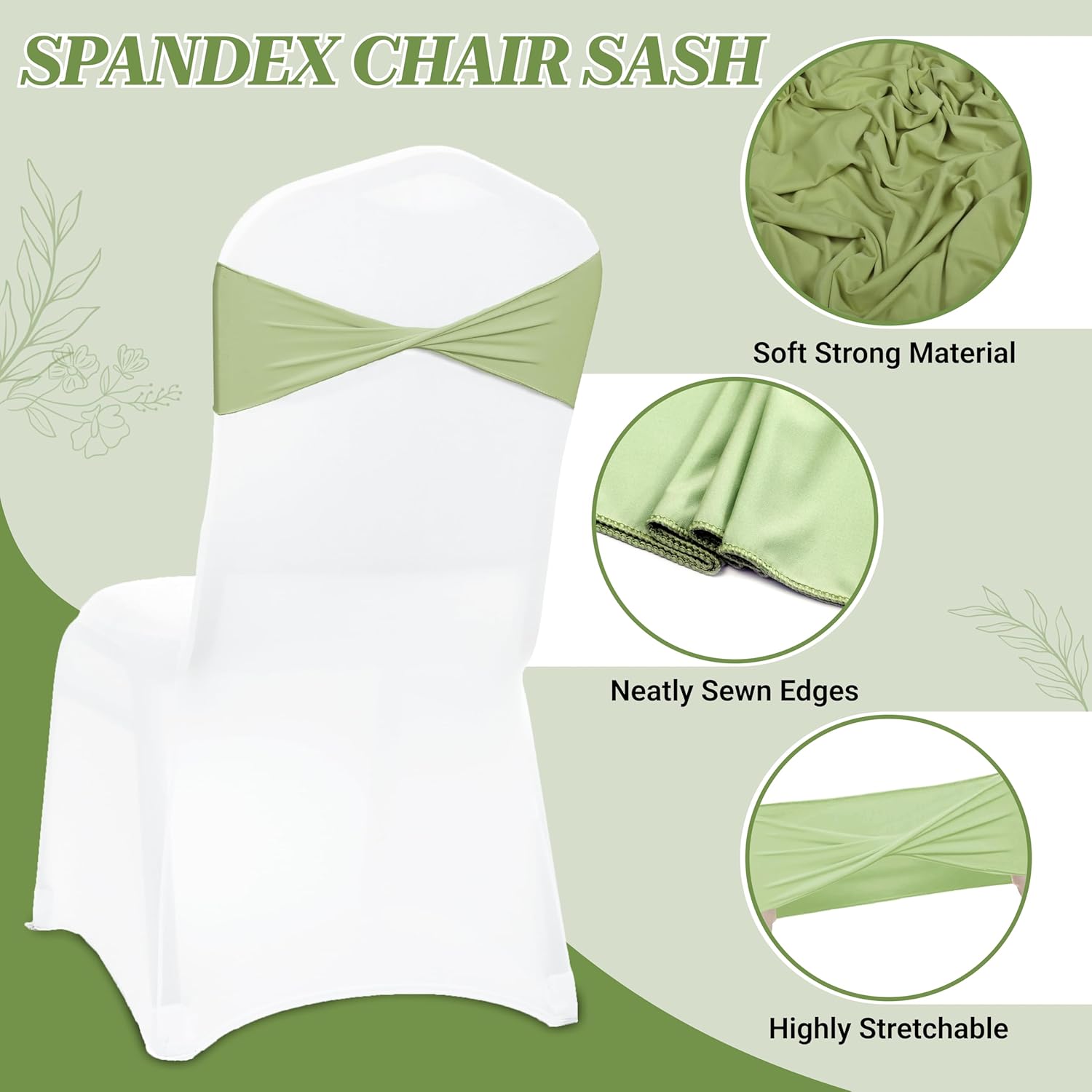 MDS Pack of 100 Spandex Chair Sashes Bows Elastic Stretch Dining Chair Bands Ties Without Slider Buckle Universal fits for Wedding Baby Shower Birthday Party Banquet Event Decoration - Sage Green
