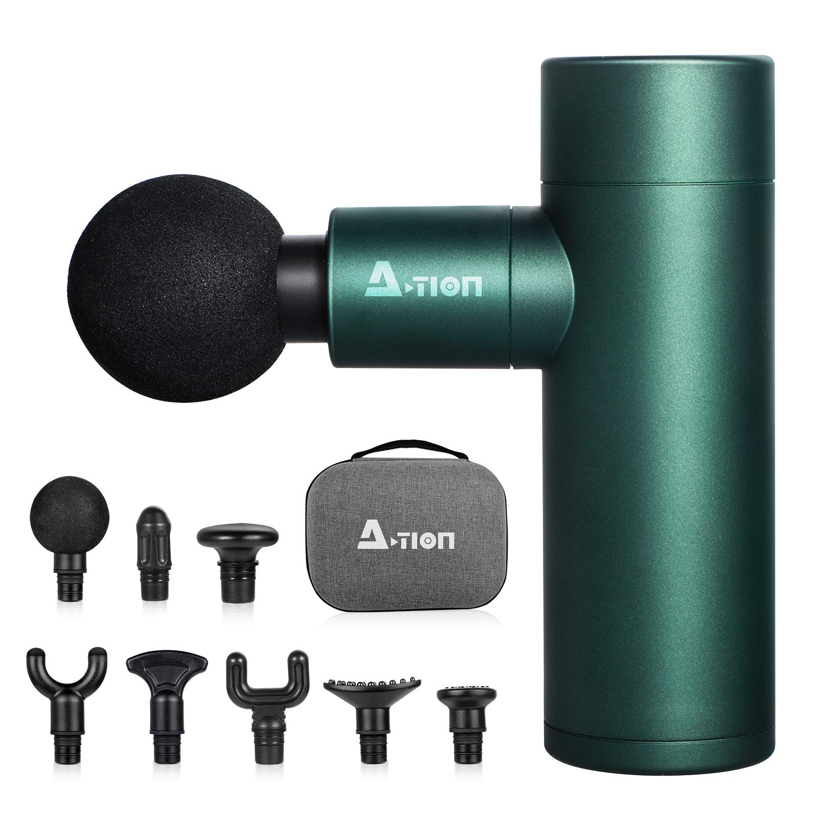 Mini Massage Gun, A-TION Fascial Gun Portable Deep Tissue Percussion Muscle Massager for Pain Relief, Super Small & Quiet Handheld Electric Gun with 8 Massage Heads, for On The Go Usage (Green)