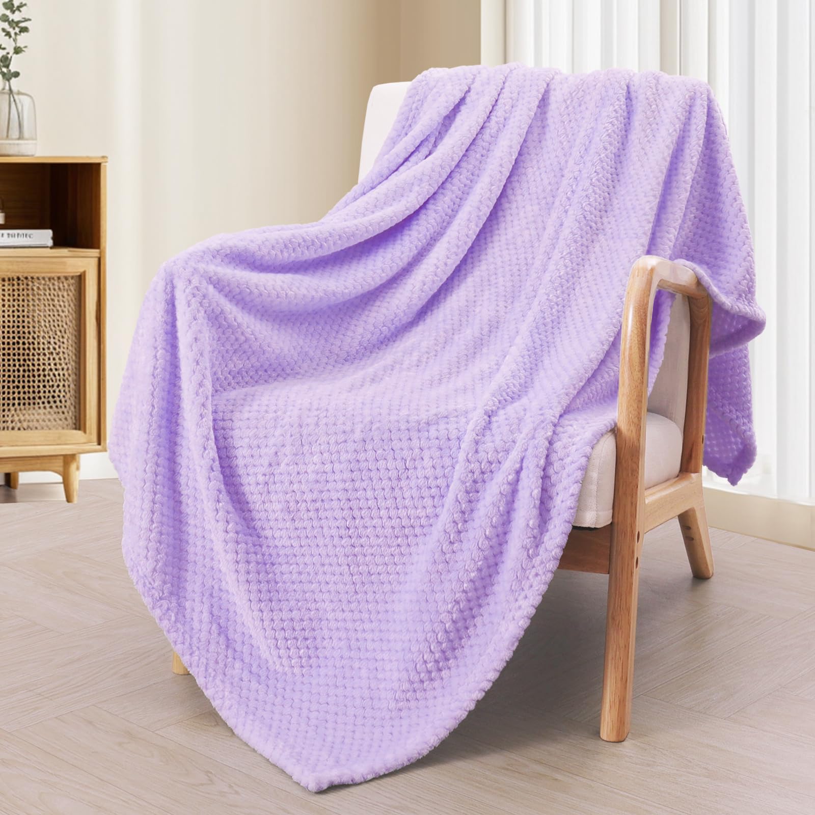 Exclusivo Mezcla Manta de Lana para Sofá, Manta de Cama Suave con Estampado Jacquard de Gofre, Adecuado para Cualquier Temporada, 130x170 cm, Morado Claro OEKO-TEX STANDARD 100