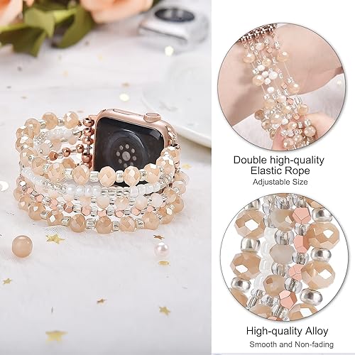 Miniatura 2 de VISOOM Pulsera de cuentas compatible con Apple Watch Band de 1.654 pulgadas1.732 pulgadas1.772 pulgadas, Series 9, 8, 7, SE, Series 654, correa