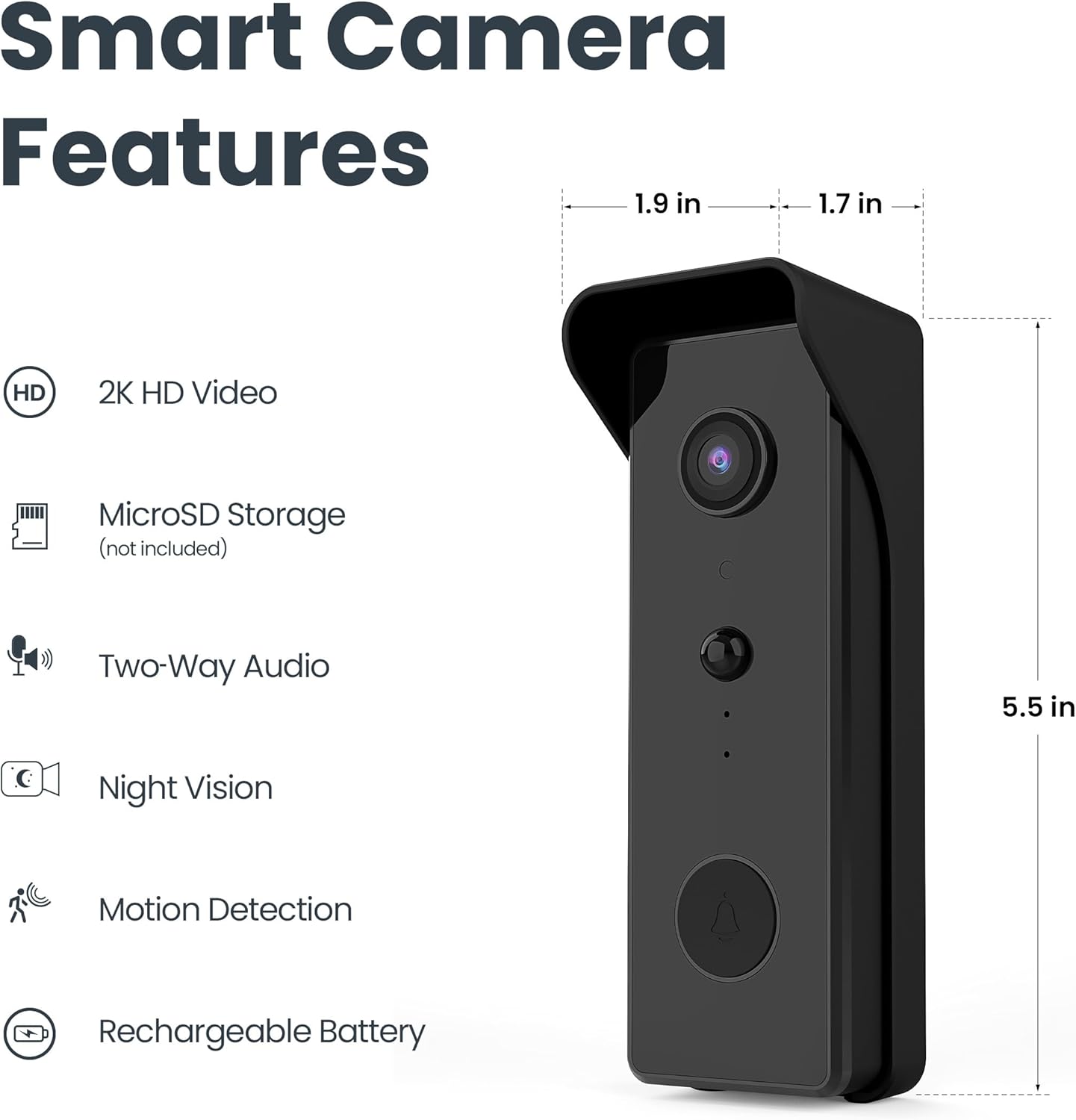 Feit Electric Smart Video Doorbell Camera, 2.4GHz Wi-Fi, No Hub, Two-Way Audio, Advance Motion Detection, 16ft. Night Vision, 2K HD Video, Micro SD Card Storage, Chime Included, Battery Powered Design