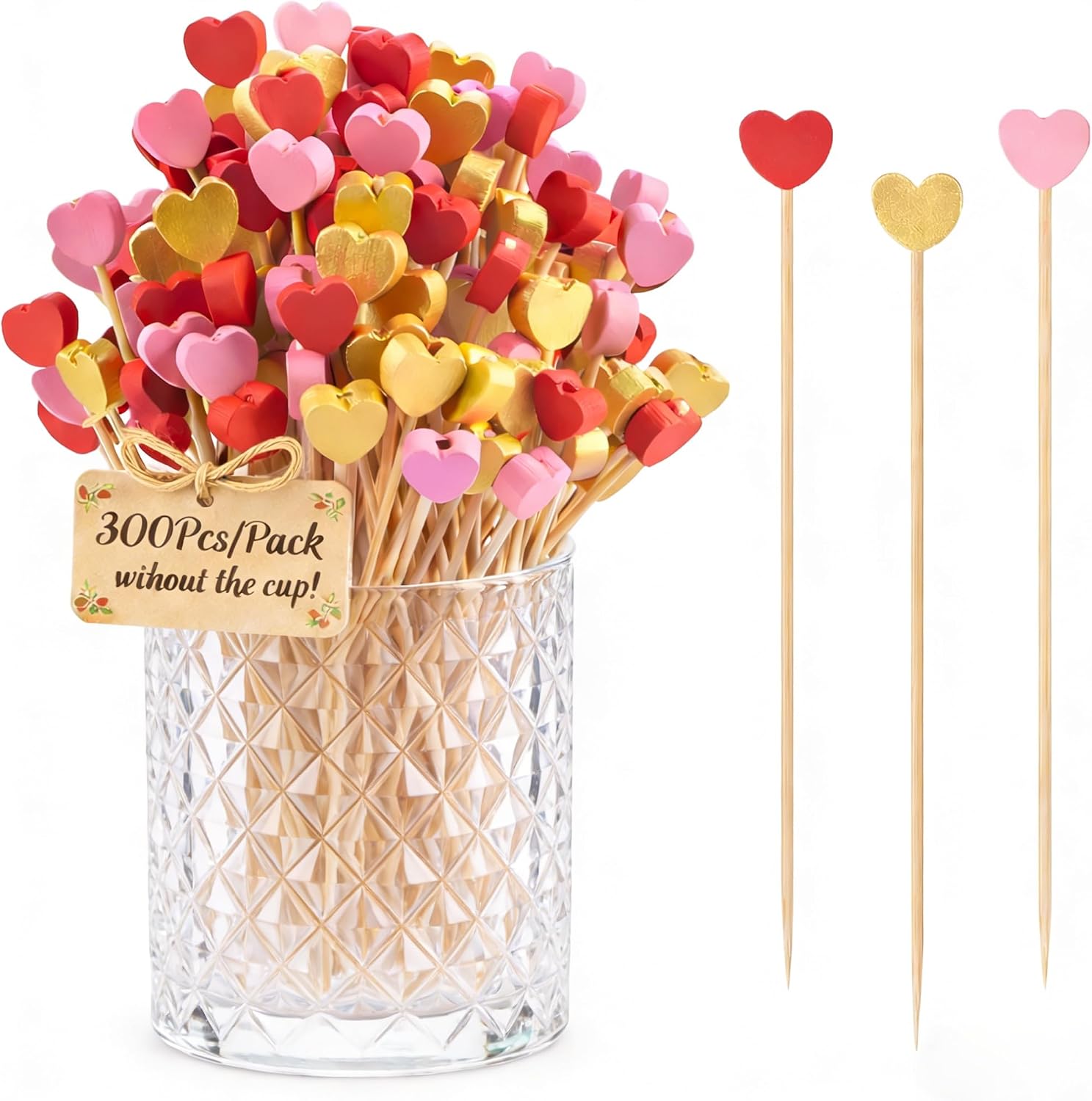 Heart Shaped Cocktail Picks 300 Pcs, 4.7 Inch Natural Bamboo Toothpicks for Appetizers, Love Heart Fancy Food Picks for Wedding, Valentines, Bridal Shower, Party, Birthday Decorations (Gold Pink Red)