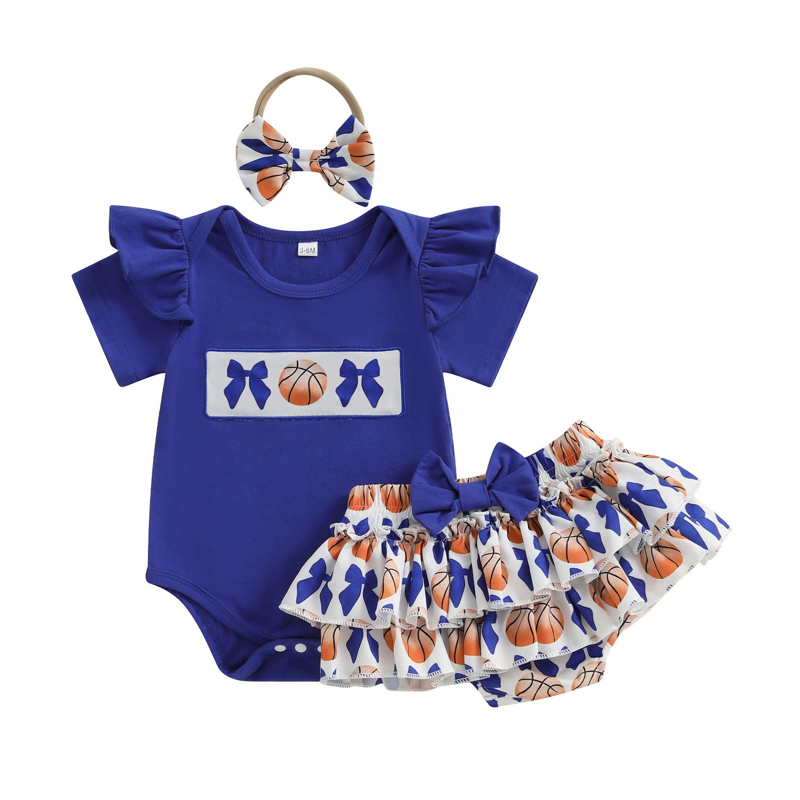 Newborn Baby Girl Basketball Outfit Short Sleeve Romper Bow Bloomers Tutu Skirts Headband Summer Clothes Set (Navy Blue, 3-6 Months)