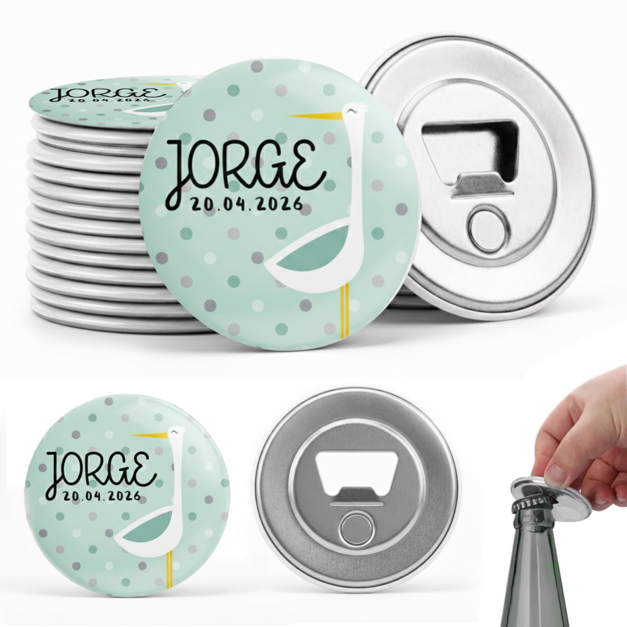Pack 20 Abridores Magnéticos Personalizados Bautizo Cigüeña Verde Mint – Detalle Invitados Bautismo Bebé Niño | Recuerdo Original y Útil | Presentación Individual Lista para Regalar