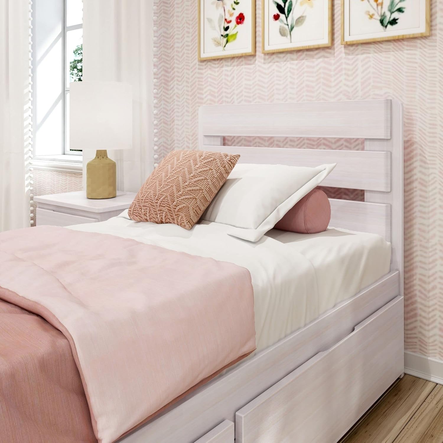 Max & Lily Modern Farmhouse Bed with Plank Headboard and Storage Drawers, Twin, White Wash