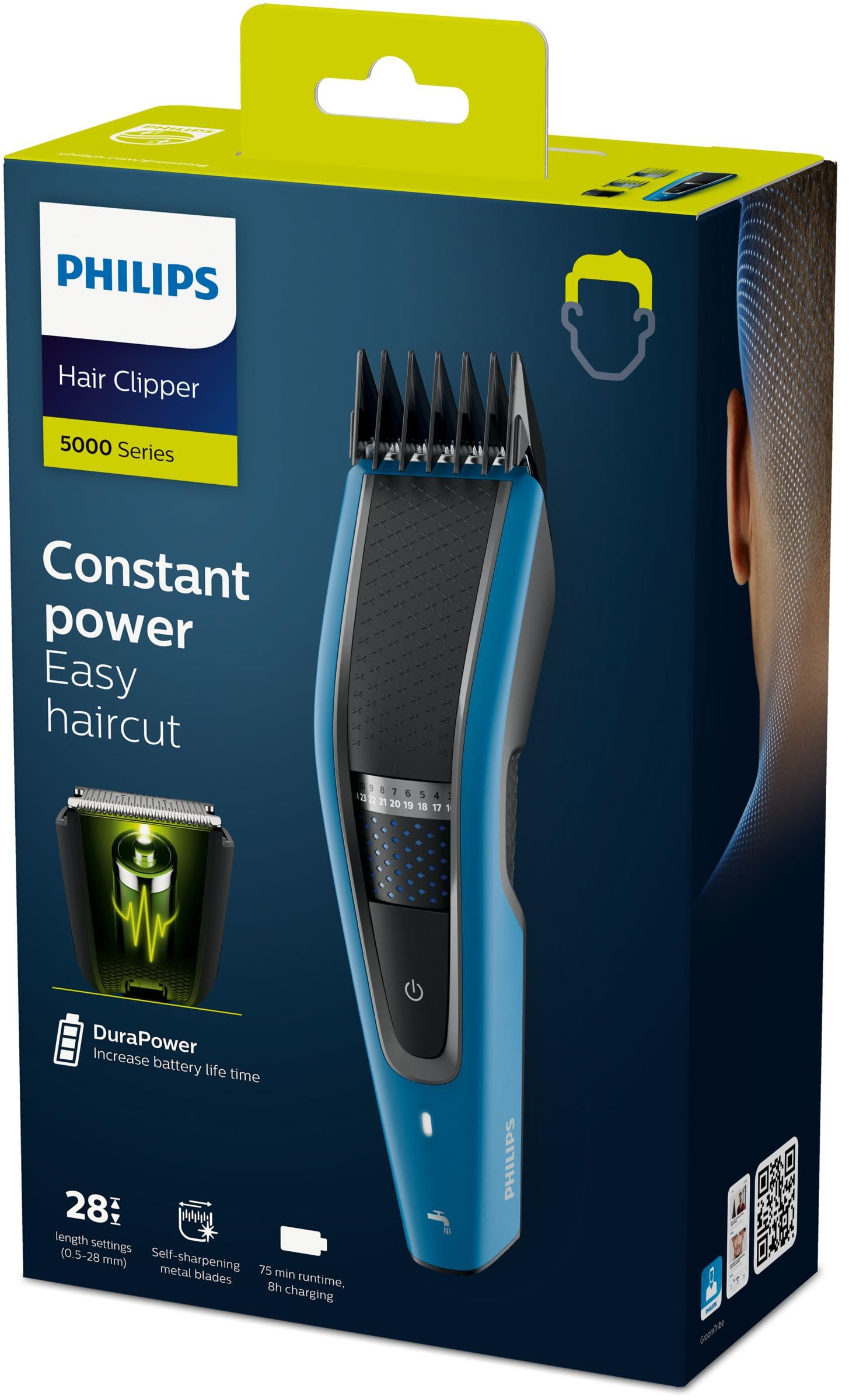 Philips Serie 5000 HC5612/15 – Haarschneider mit Klingen aus Edelstahl, 28 Längeneinstellungen, 75 min ohne Kabel, inkl. 3 Führungskämme, Blau