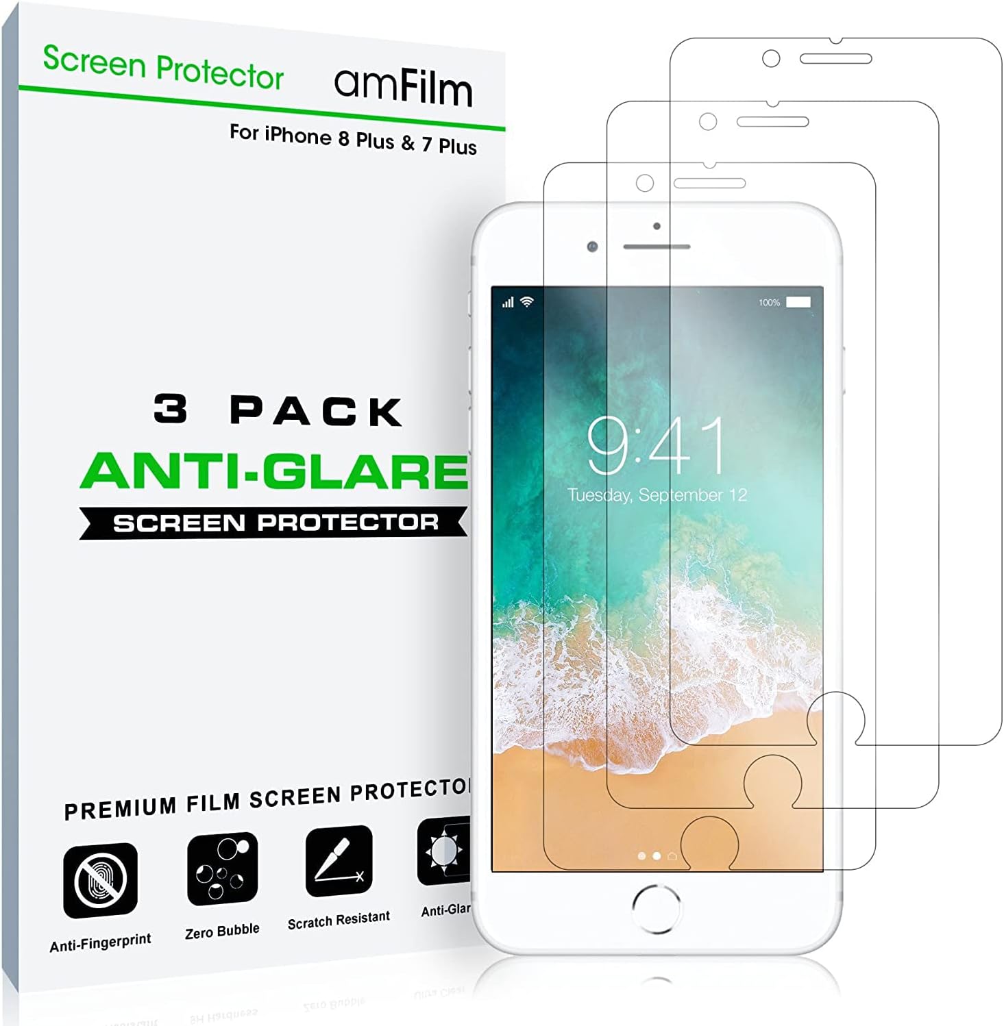 amFilm iPhone 8 Plus, 7 Plus Screen Protector, Premium Anti-Glare/Anti-Fingerprint (Matte) Screen Protector for iPhone 8 Plus 7 Plus 5.5 inch 5.5" ATT Verizon T-mobile(3-Pack)