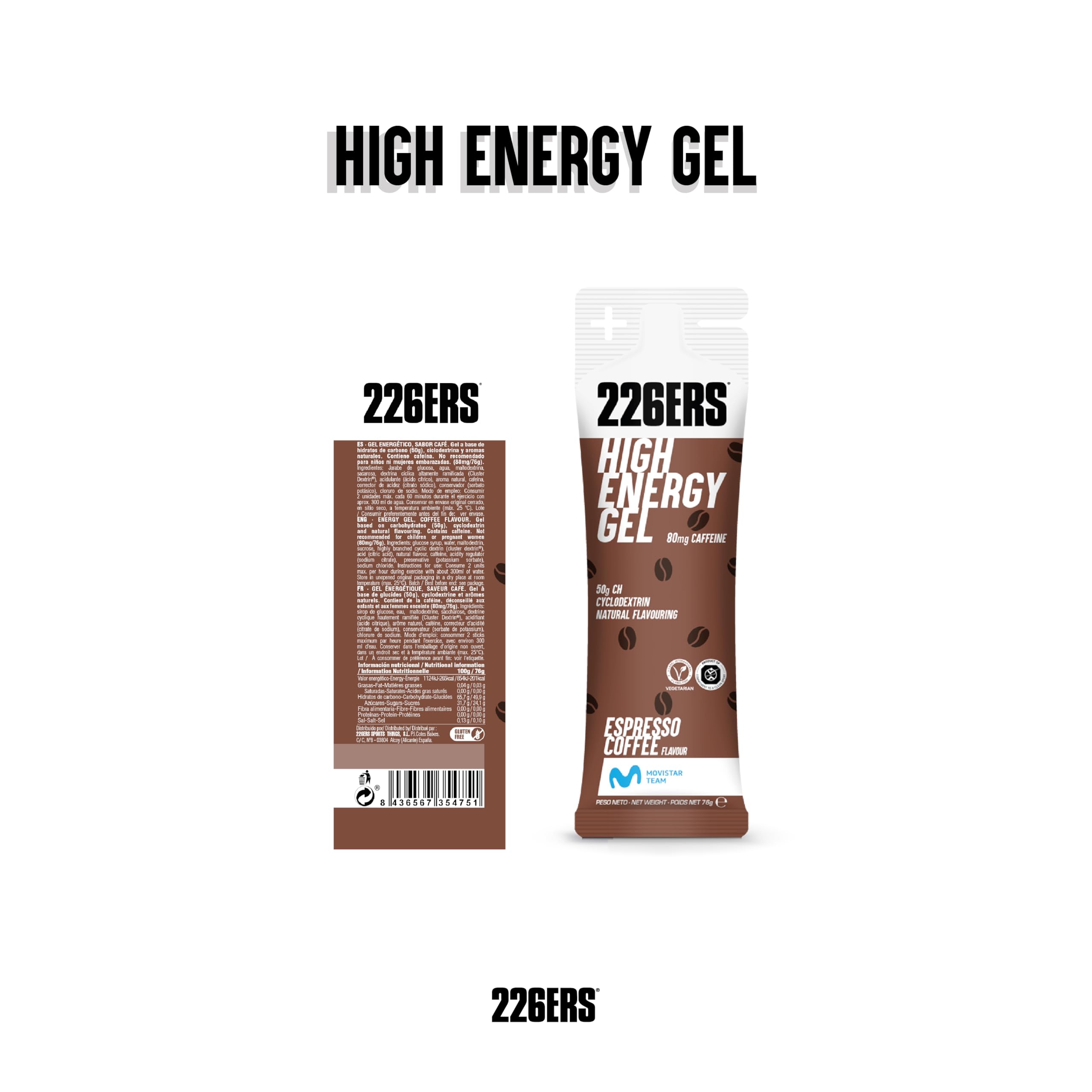 226ERS High Energy Gels | Geles Energéticos con 50g de Ciclodextrina como Hidrato y 80 mg de Cafeína, Vegano, Café Expresso - 1 Gel