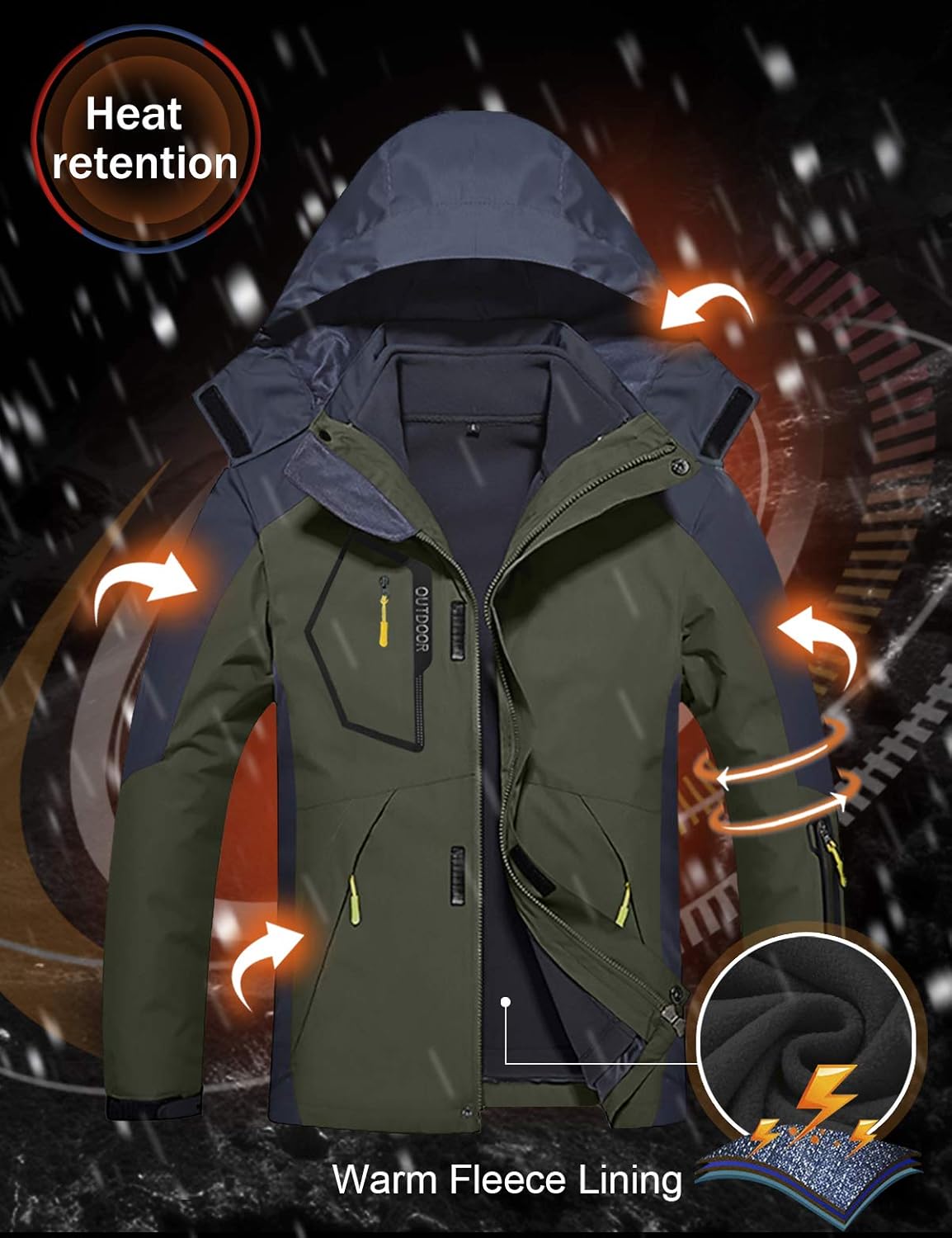 GEMYSE Men's 3 in 1 Waterproof Ski Snow Jacket Fleece Liner Warm Winter Jacket Coat (Army Green,Large)