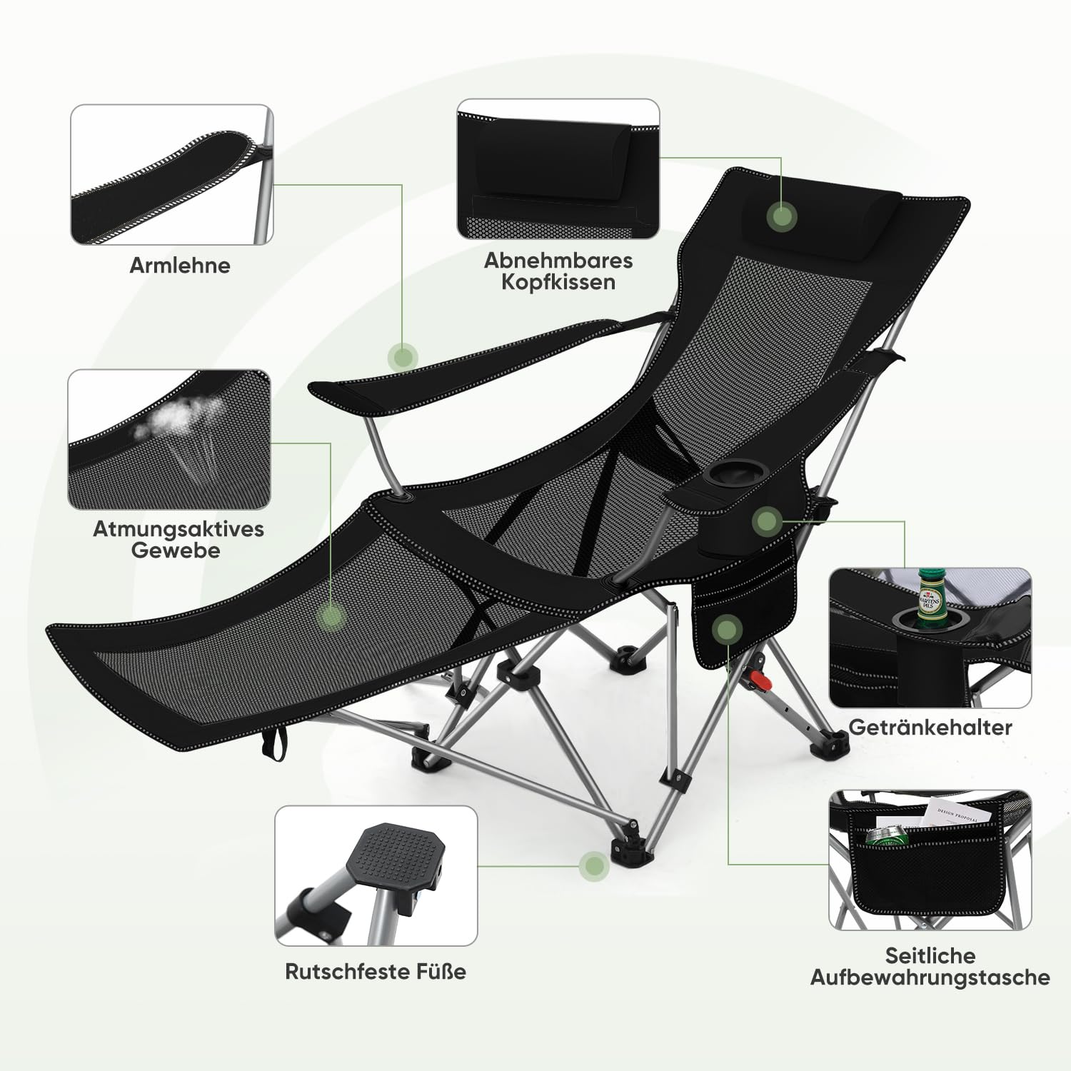 Sunula Campingstuhl Faltbar mit Fußstütze,2-in-1 Klappstuhl verstellbare Rückenlehne,mit Kissen,Getränkehalter und tragbarer Tasche, leichter Strandstuhl für Picknick,Camping,Angeln,und Garten Schwarz Sport & Freizeit