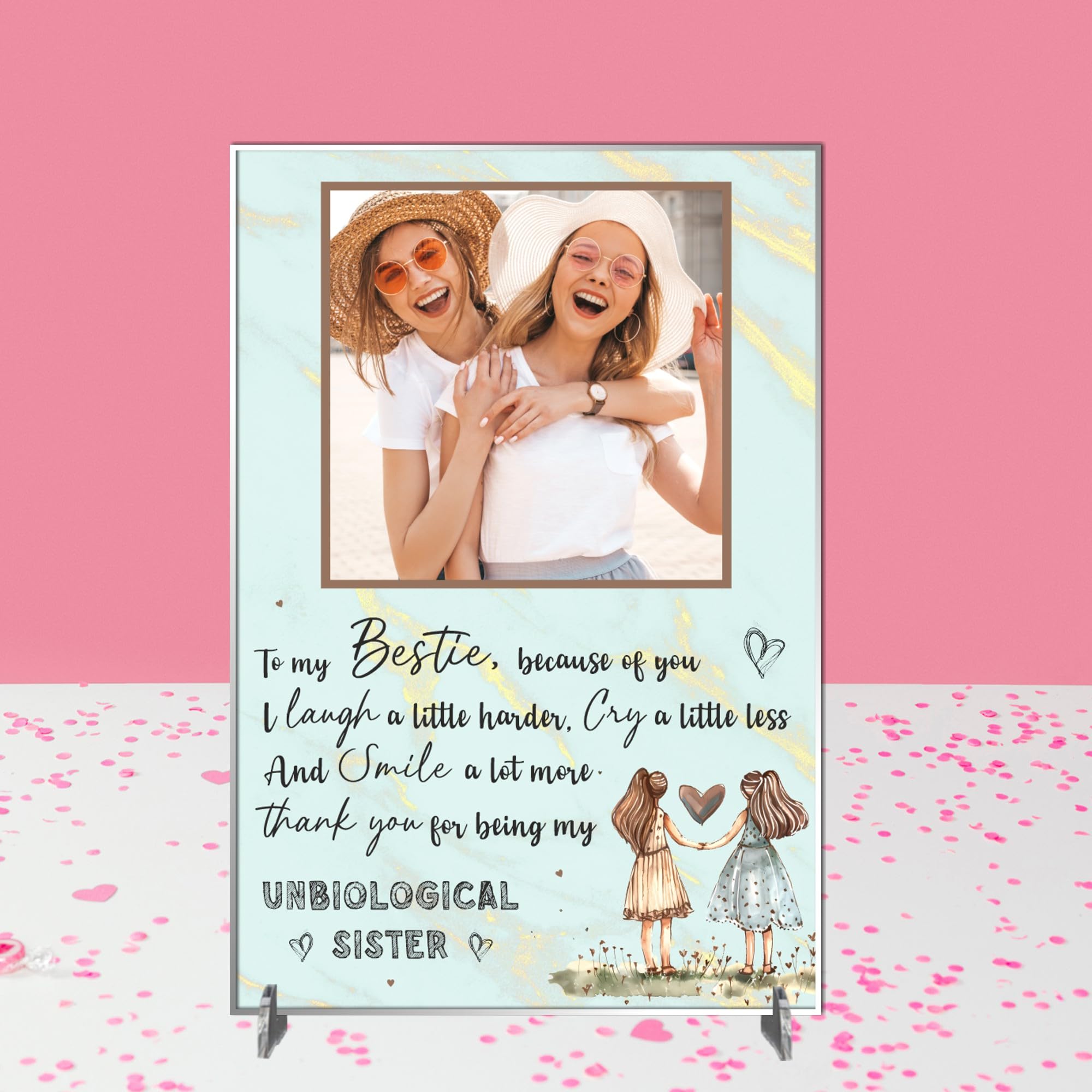 Personalised Bestie Friendship Plaque – Celebrate Your Unbiological Sister with a Customised Plaque | Heartfelt Quote for Best Friend (Mint & Gold Marble Effect, Acrylic A5 21cm x 15cm)