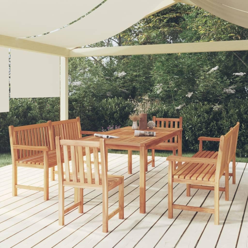 Gruppo da giardino in teak massiccio, 180 x 90 cm, con 2 panche e 2 sedie, design moderno, resistente alle intemperie, robusto, per balcone, terrazza e giardino