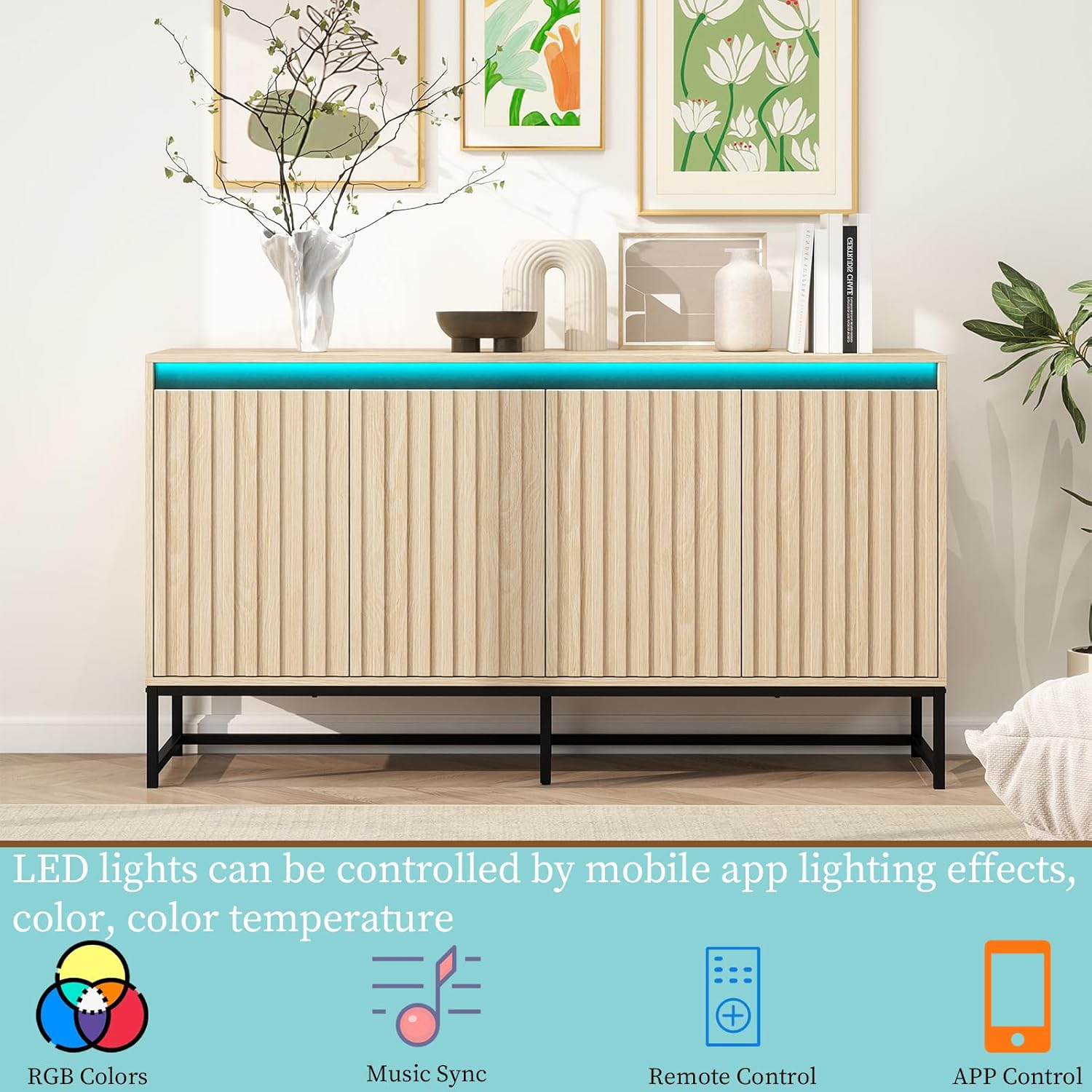 Fluted Sideboard Buffet with Storage - 59" Modern Accent Cabinet Cupboard with LED Light & 4 Doors, Multifunctional Credenza Console for Living Room (Natural)