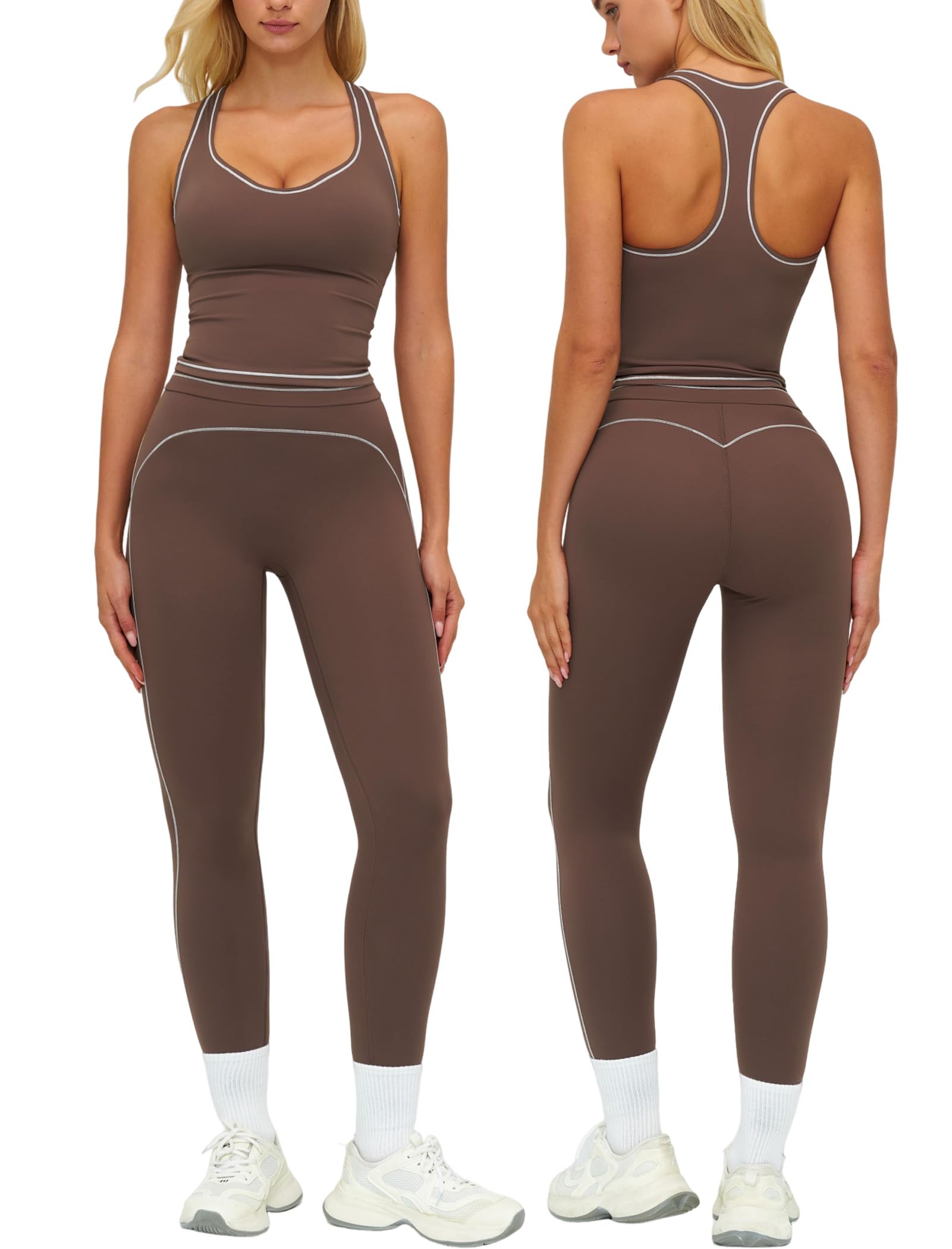 Womens Workout Set Two Piece Racerback Color Block Tank Top Matching High Waist Leggings Gym Pilates Outfits
