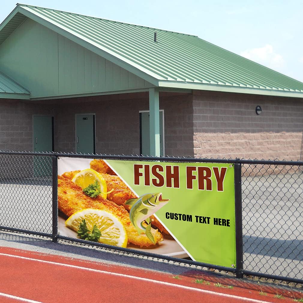 Custom Vinyl Banner Multiple Sizes Fish Fry #1 Outdoor Advertising Printing Seafood Outdoor Weatherproof Industrial Yard Signs 4 Grommets Personalized Text Here 16x40Inches
