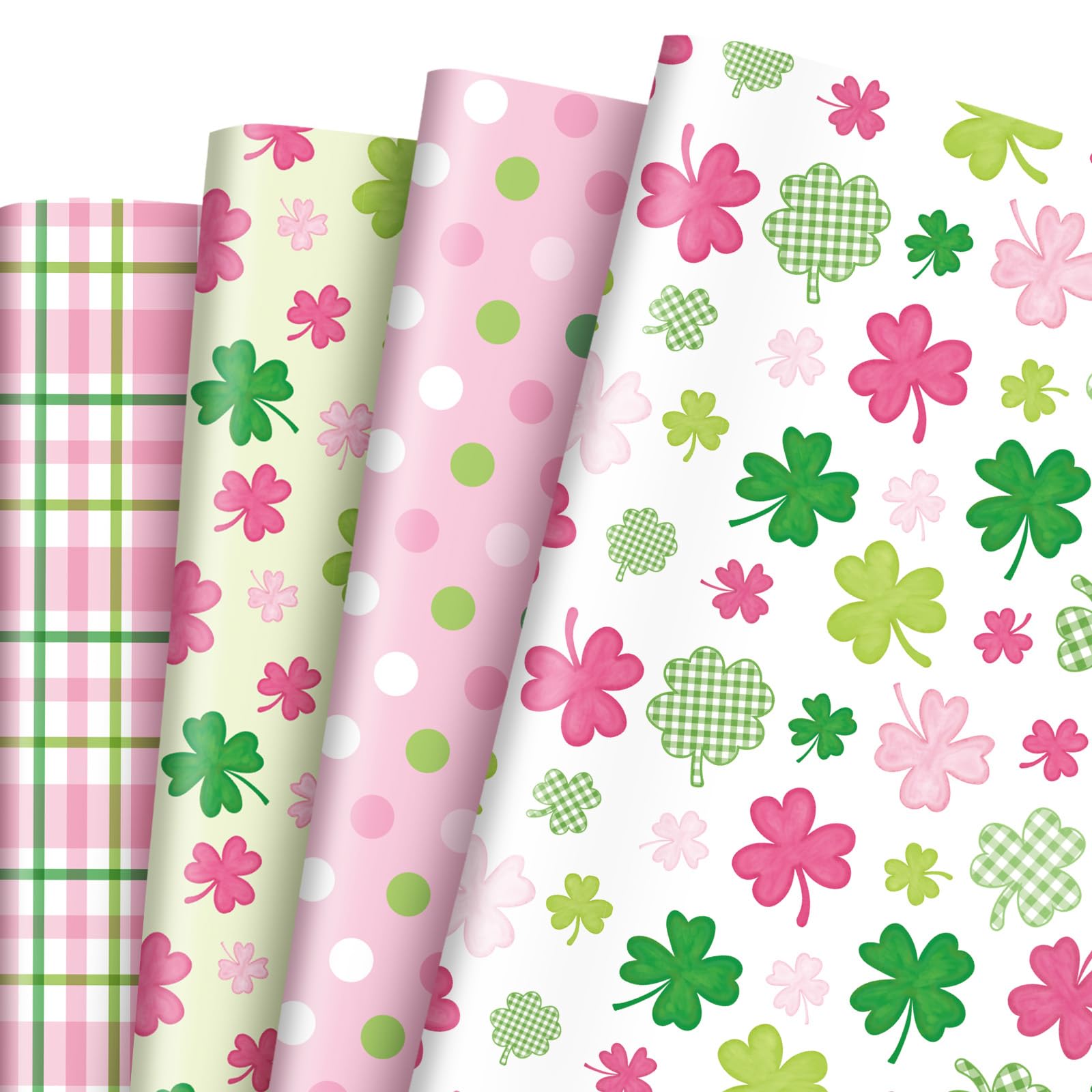 JarThenaAMCS 8 Sheets St. Patrick's Day Shamrock Wrapping Paper - Not Roll - Pink Green Clover Plaid Polka Dots Gift Wrap Paper Folded Flat for DIY