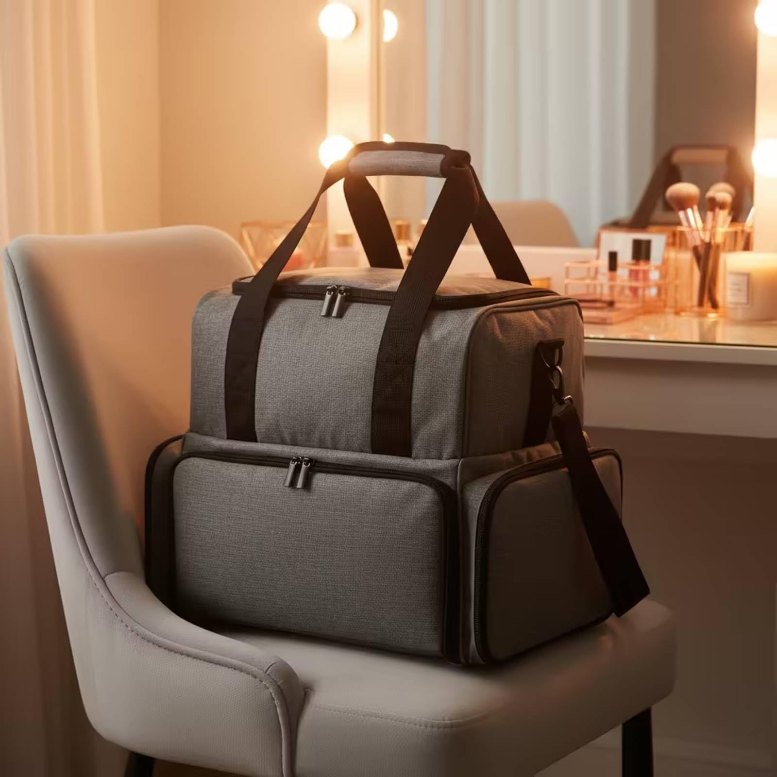 Neceser Maquillaje con Compartimentos Gran Capacidad Organizador Cosméticos con Correa Suave Bolsa Maquillaje Asa para Viajeros, Tocador, Array, Morado