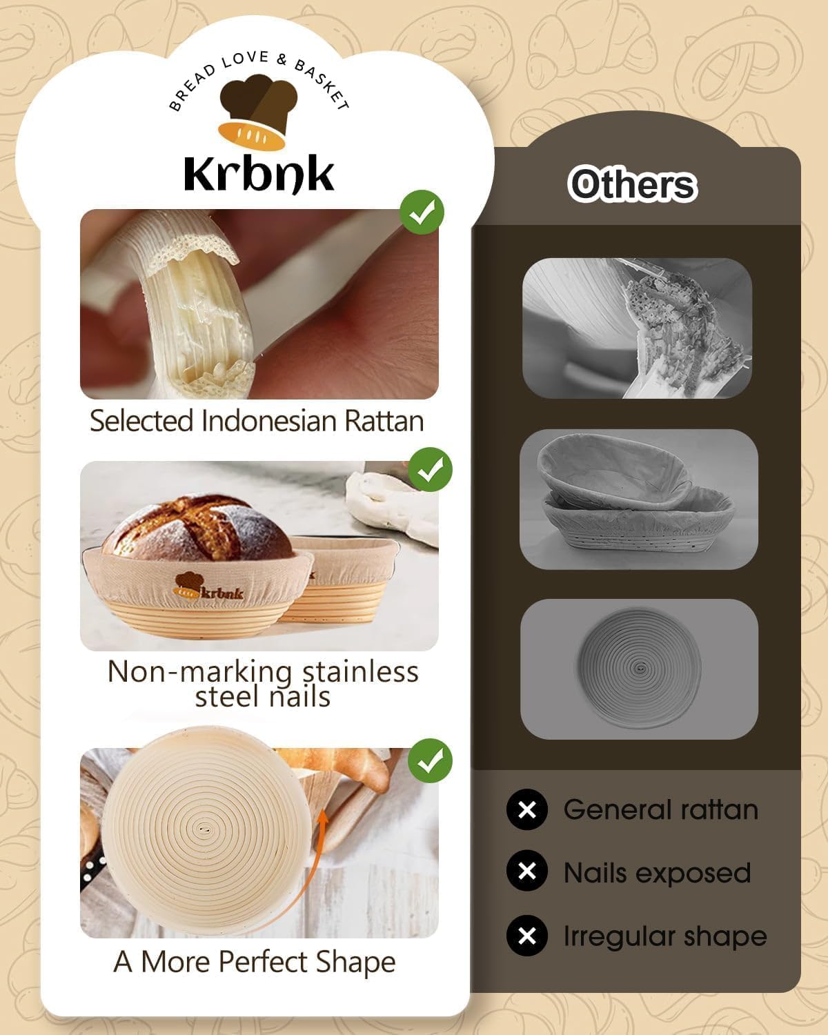 Sauerteig-Set für Anfänger, Brot-Banneton-Gärkörbe, 22,9 cm und 25,4 cm, 1000 ml Sauerteig-Starterglas, indonesisches Rattan-Backzubehör, Brot-Herstellungswerkzeuge, komplettes