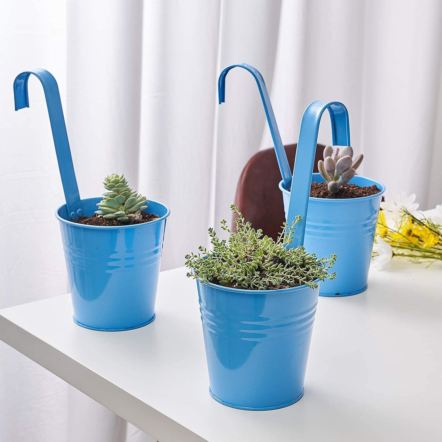 3Pcs Large Wall Galvanized Metal Iron Hanging Planter Buckets with Hook, Flower Pots Baskets/Holder,Farmhouse Wall Decor,Suitable for Railing,Fence,Window,Patio,Clay Garden, Indoor/Outdoor (Blue)