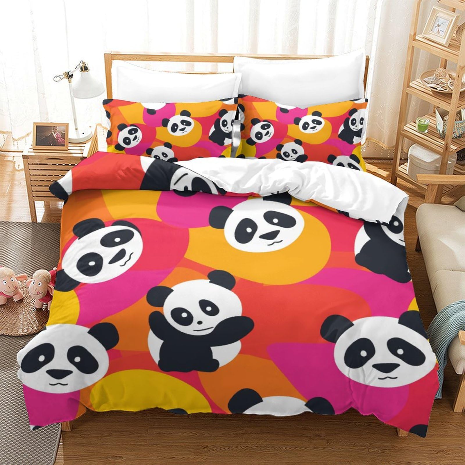 Parure de lit panda microfine 220x240cm : housse de couette 3Pcs et taies d'oreiller